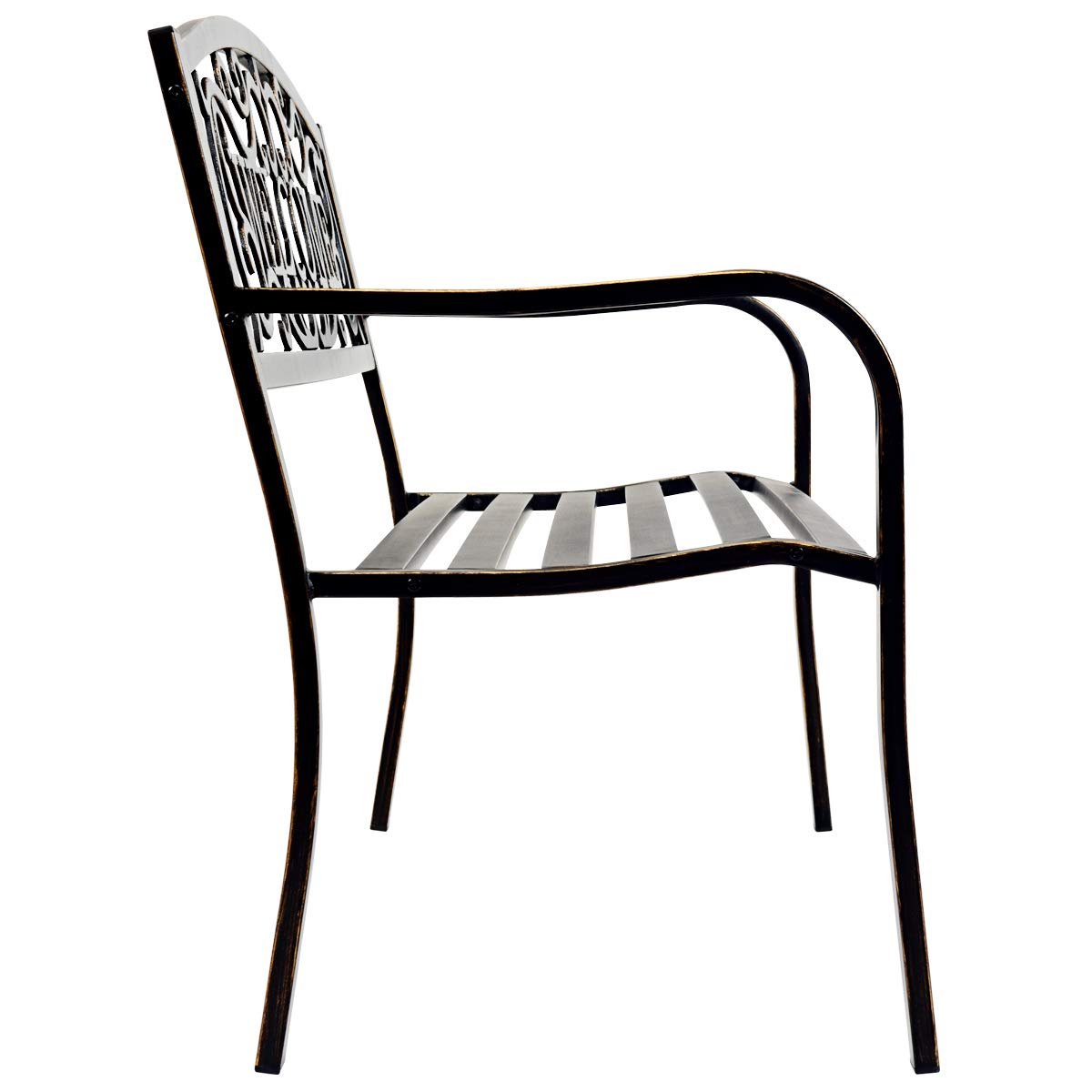 COSTWAY Banco Jardín con Respaldo Decorativo, Exterior de Metal Forjado, Terraza Diseño Rústico, 2-3 Personas, Silla de Parque 127 x 63,5 x 89 cm, 320 kg para Parque Bronce