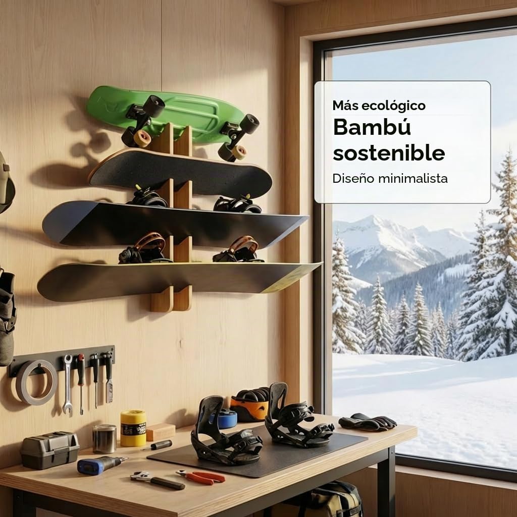 COR Surf Soporte de Pared para Monopatín, 4 Tablas, Soporte de Almacenamiento de Pared Para Snowboard con Capacidad para Cuatro Tablas Hechas con Bambú Sostenible