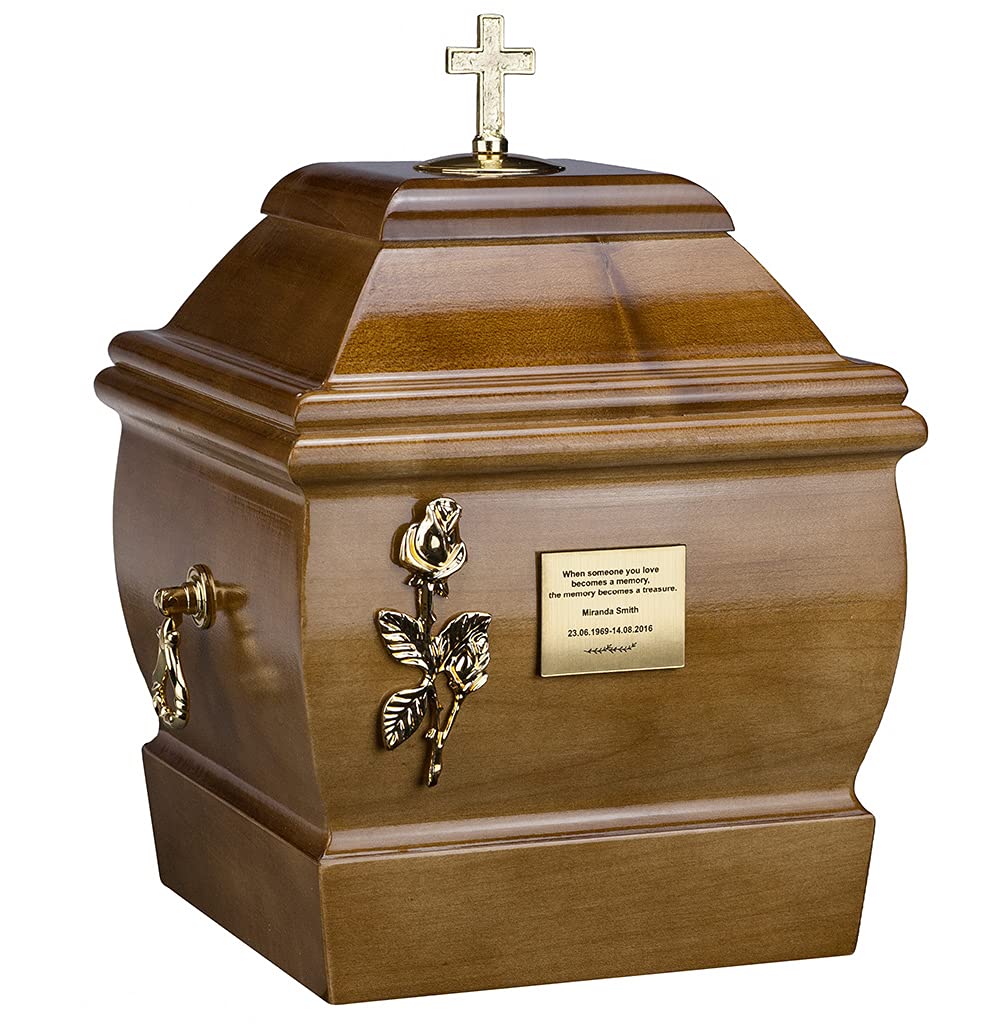 Remember Forever Cremation Urn for Adult made from solid wood Funeral ashes Casket Memorial URN (Cross On The Top/Rose/Memorial Plaque)