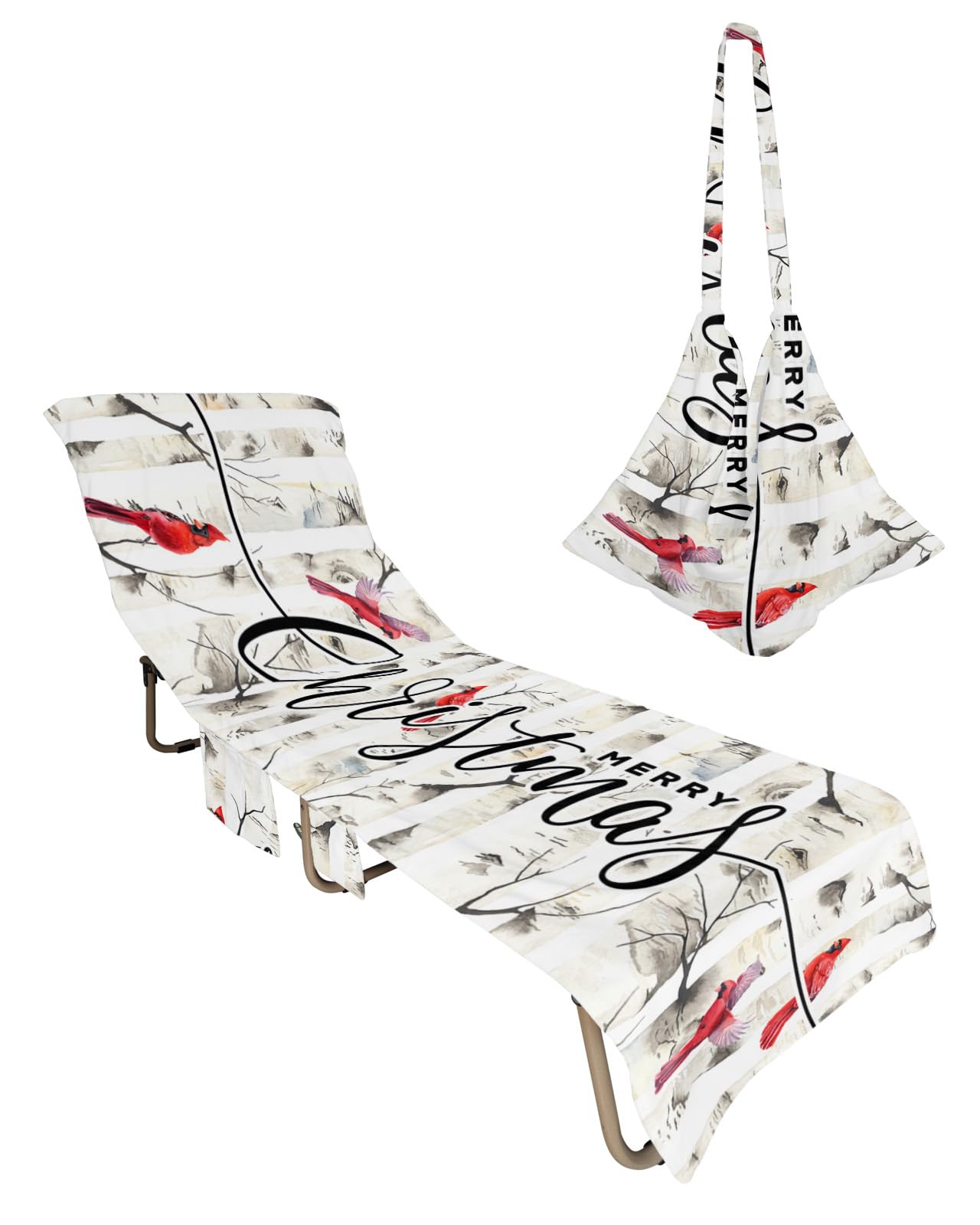 Christmas Forest Beach Chair Towel Covers for Chaise Lounge with Side Pocket, Soft Plush Pool Towels Cover for Patio Sunbathing Outdoor 29''x85'' Abstract Winter Red Bird Watercolor