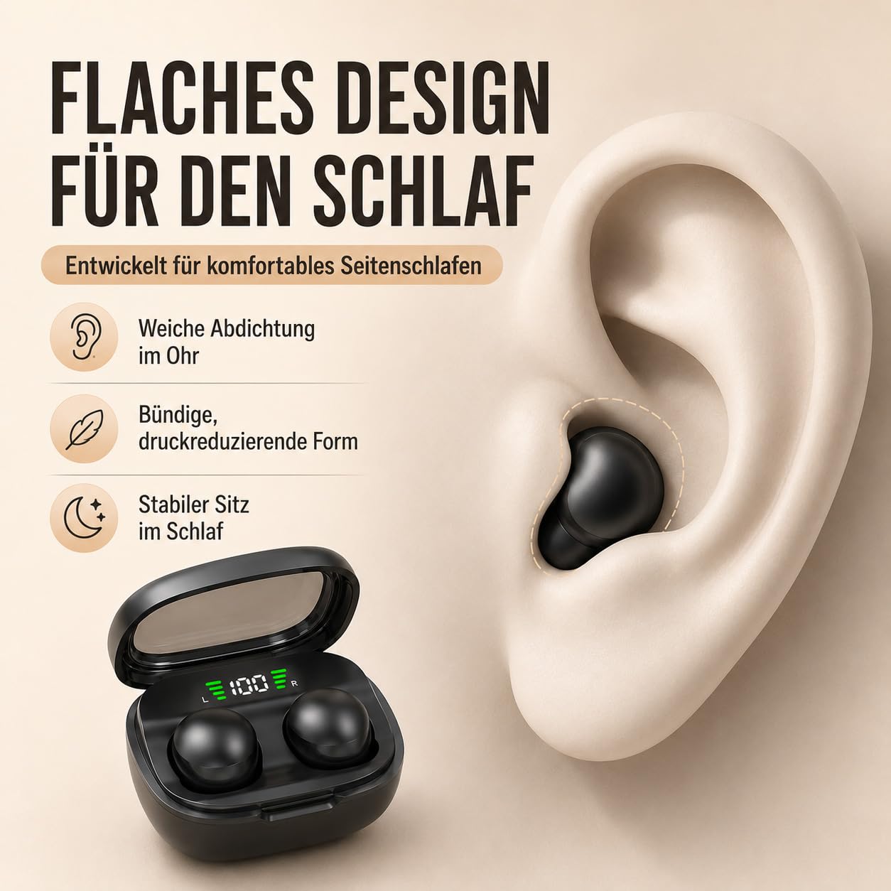 Micool Unsichtbarer Schlaf-kabelloser Kopfhörer, wasserdichte Bluetooth-Ohrhörer, leichte Schlafkopfhörer Bluetooth, schmerzlose, unsichtbare Schlaf-Kopfhörer für empfindlichen Schlaf, lange