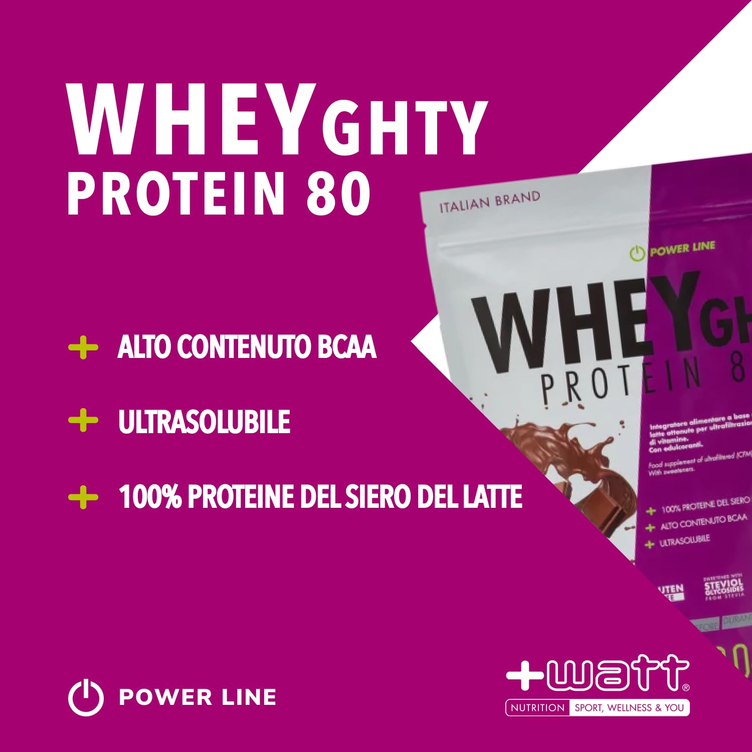 Wheyghty Protein 80 - Integratore a Base di Proteine del Latte all'80% - Formato: 750 g Doypack - Gusto: Cacao