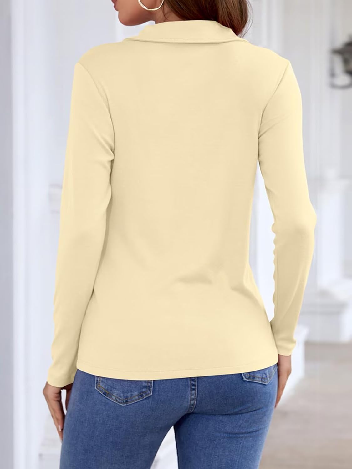 Women's Long Sleeve Shirts Quarter Zip Pullover Collared V Neck Tops Fall Blouses - Image 4