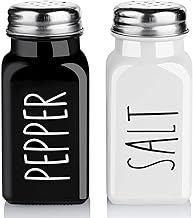 Deft and Attractive Salt And Pepper Shakers Set, Farmhouse Salt Shaker, Modern Farmhouse Kitchen Table Decor For Home Restaurants Wedding, Vintage Glass Black And White Shaker Sets With Stainless Steel Lid, 2.7Oz Each