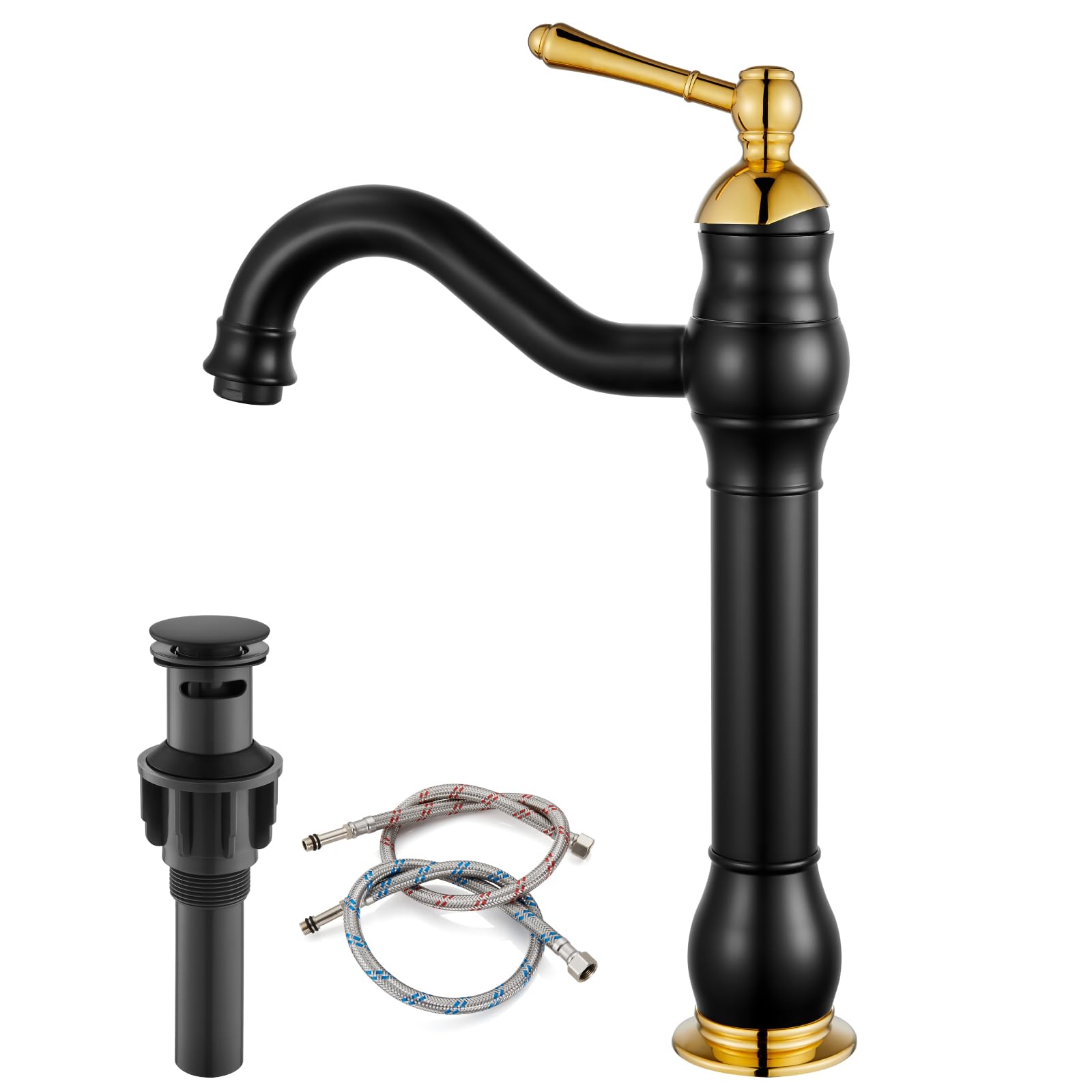gotonovo Vessel Bathroom Sink Faucet Matte Black and Polish Gold Single Handle Lavatory Vanity Mixer Bar Tap with Pop Up Drain Tall Spout Long Spout Single Hole Deck Mount Hot and Cold Water Hose