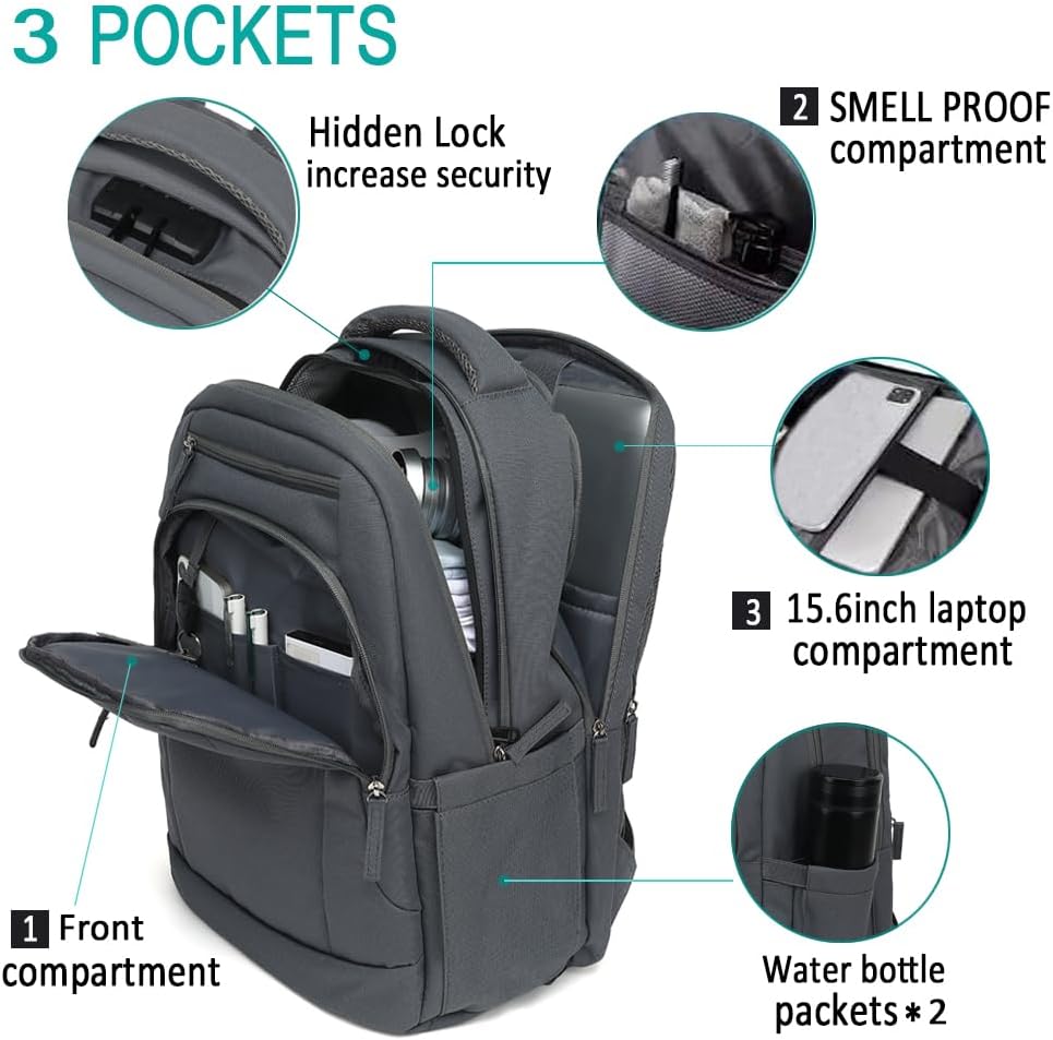 Smell Proof Backpack with Lock,Water Resistant Smell Proof Bags Travel Laptop Backpack,Large Capacity Carbon Enduring Smell Proof Stash Bag with Lock for Men Women(Grey) - Image 2