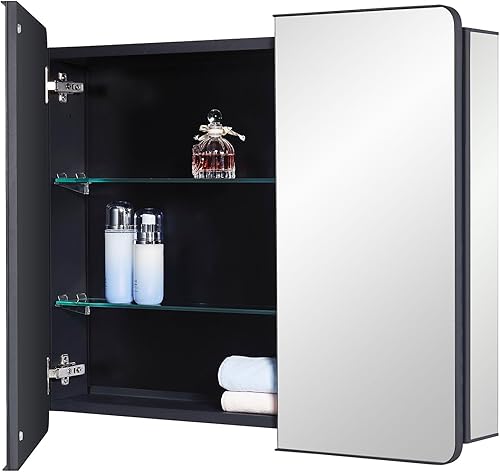 Miniatura 14 de Gabinete de espejo de baño negro para medicinas con puerta con esquinas redondas y borde biselado, 15 x 25 pulgadas, montaje empotrado