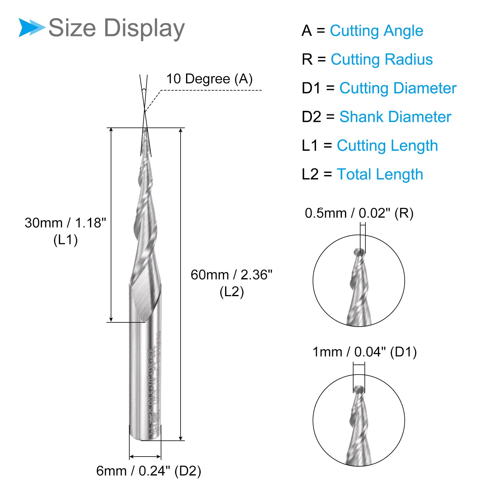 Fraise à Bout Sphérique Conique, Rayon de 0,5 mm, Queue de 6 mm, Angle de 10 Degrés, Carbure Micro-Grain 2 Flûtes, Fraiseuse CNC - (Applications : Acier Inoxydable, Aluminium)