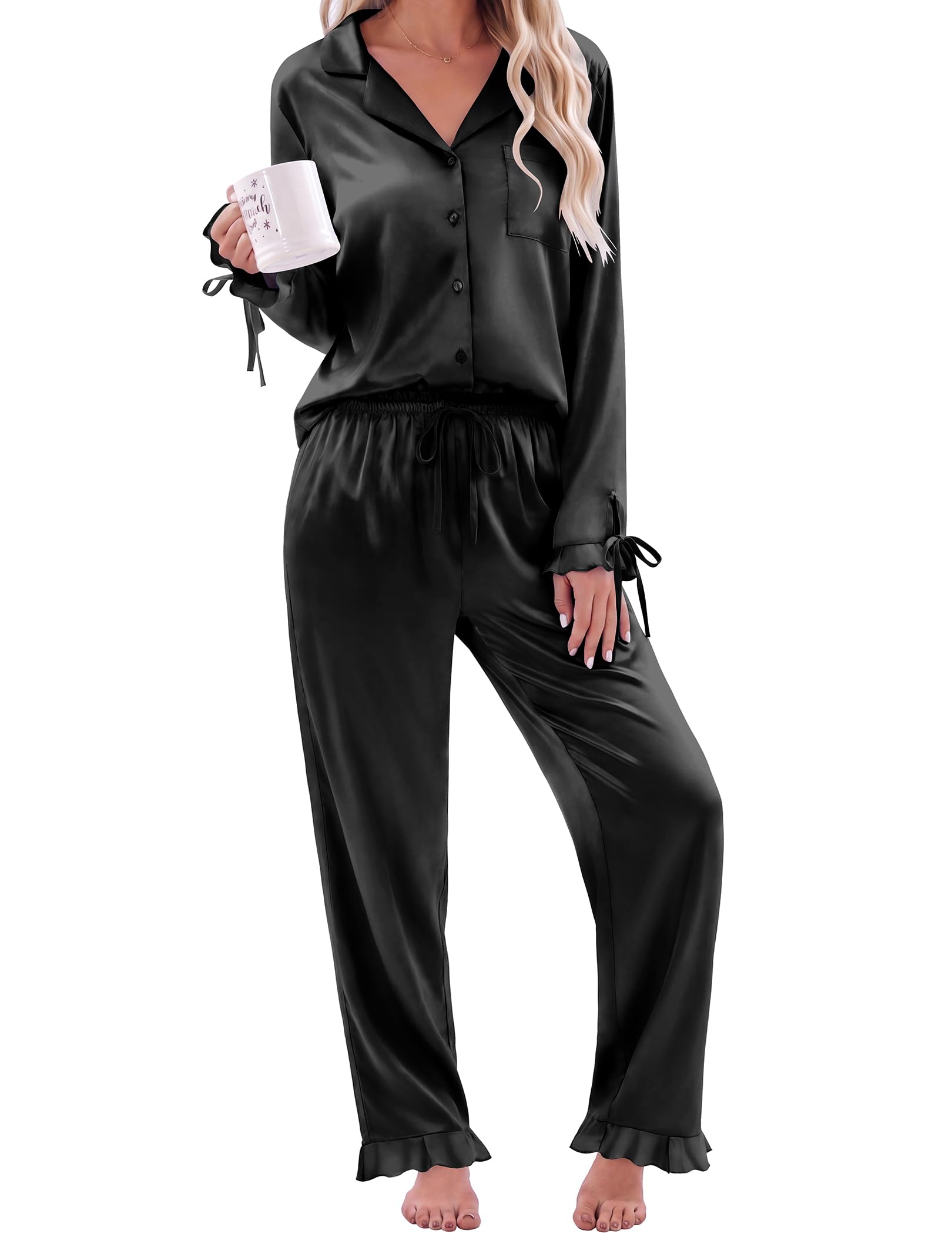 Ekouaer Pajamas for Women Silk Satin Button Down Long Sleeve Pajama Sets