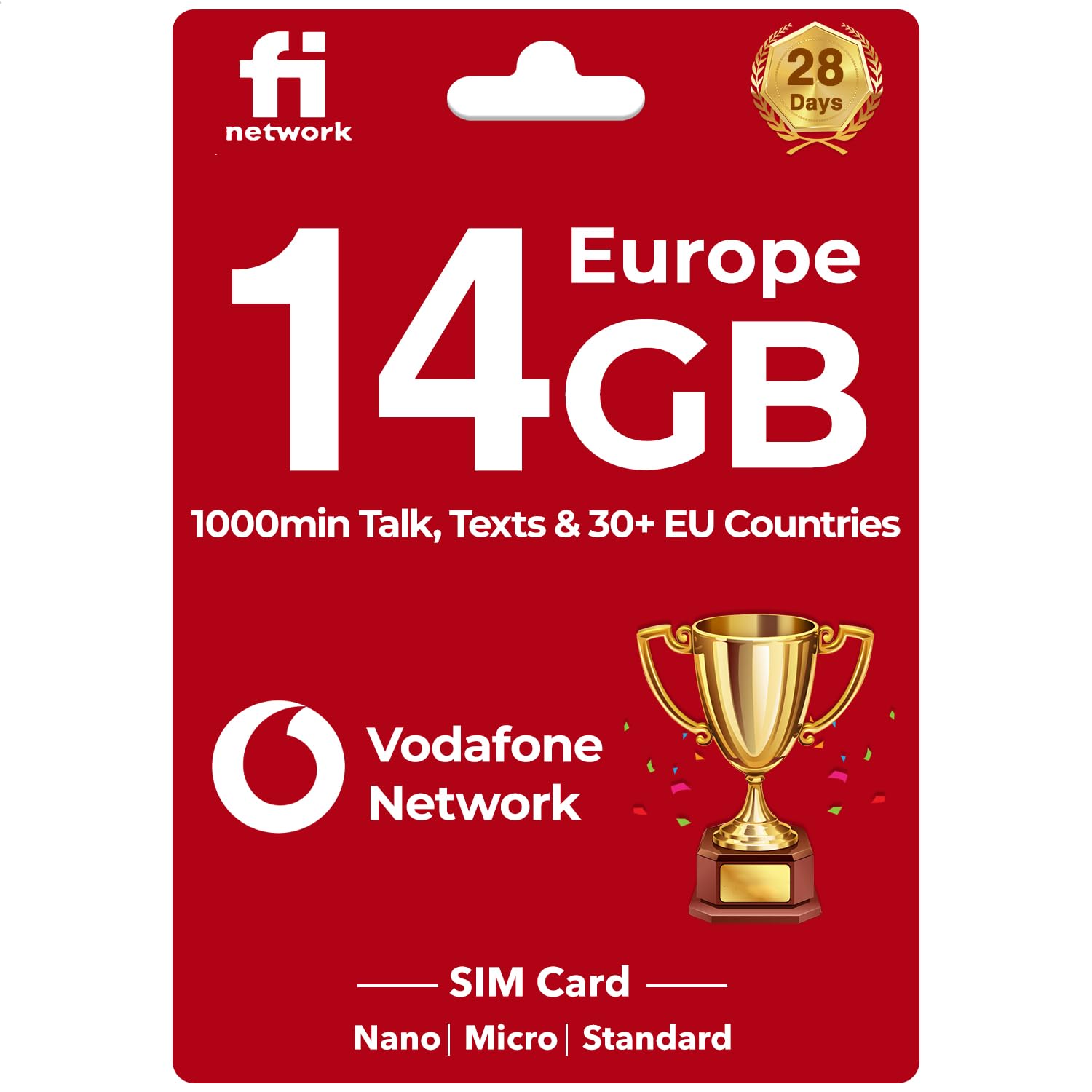 Vodafone Europe SIM Card Prepaid 14GB 28Days, 1000min Calls & 100Texts | 4G/LTE High Speed Data (No Low Speed), Hotspot Supported - France, UK, Germany, Italy, Spain, Ireland, Sweden, Europe Roaming