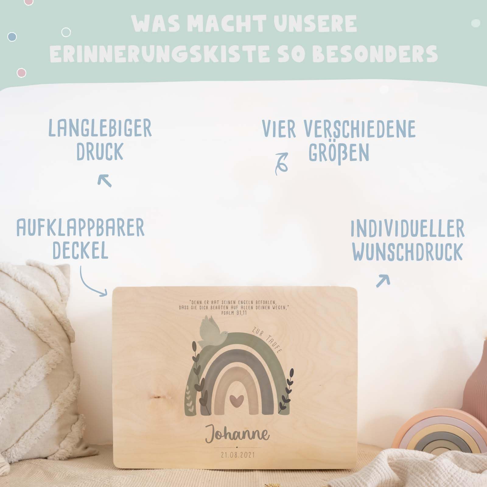 hellomini Taufgeschenke - Personalisierte Erinnerungsbox Taufe aus Holz - Taufgeschenke für Mädchen - Taufgeschenke Jungen - Taufe Geschenk (Regenbogen Taube Druck, S: 30x20x14cm)