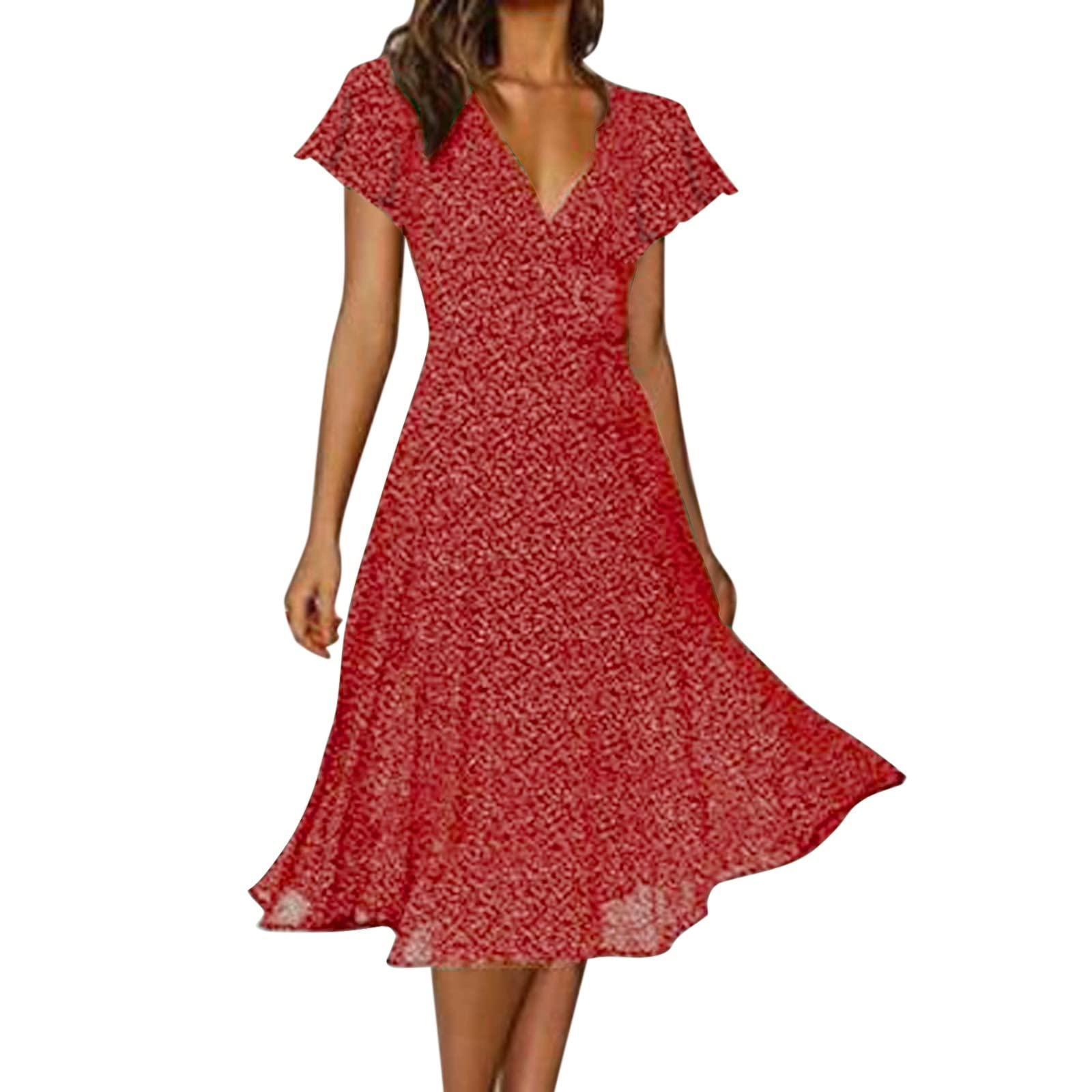 Robe Polka Dot Mi-Longue - Imprimé Point Col V Manches Courtes - Tunique Casual Pin-Up - Soirée Chic Élégante