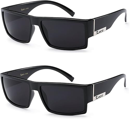 Paquete de 2 lentes de sol Locs de gángster negros, 2 negros brillantes, 5.5 pulgadas de ancho x 1.75 pulgadas de alto, Negro -