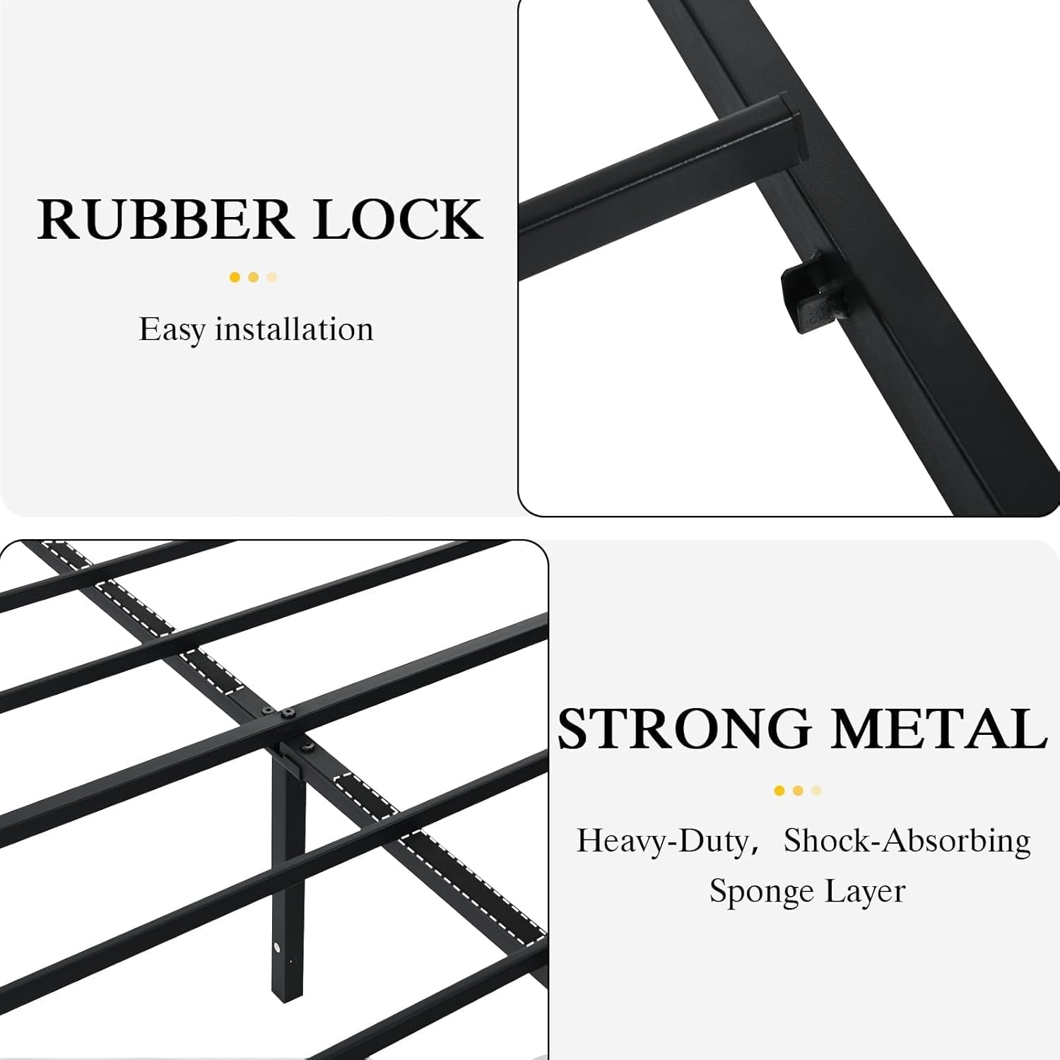 Close-up of the rubber lock mechanism for bed slats and the heavy-duty metal frame construction, highlighting strong metal components.