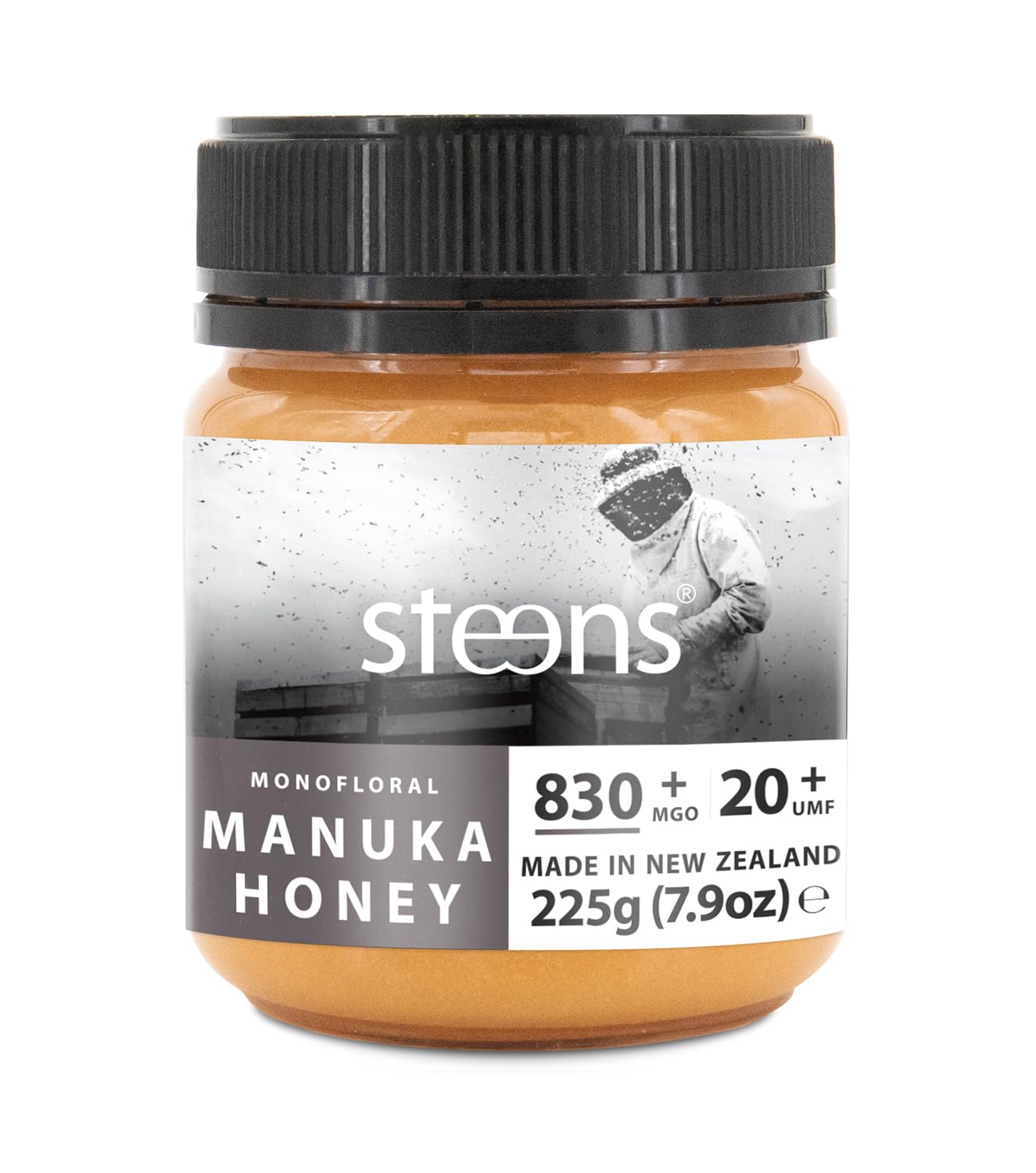 Miel de Manuka Steens MGO 830+ - 225 g de miel de Manuka 100% pura, cruda y certificada UMF 20+, con más de 800 MGO - envasada y sellada en Nueva Zelanda - 225 g