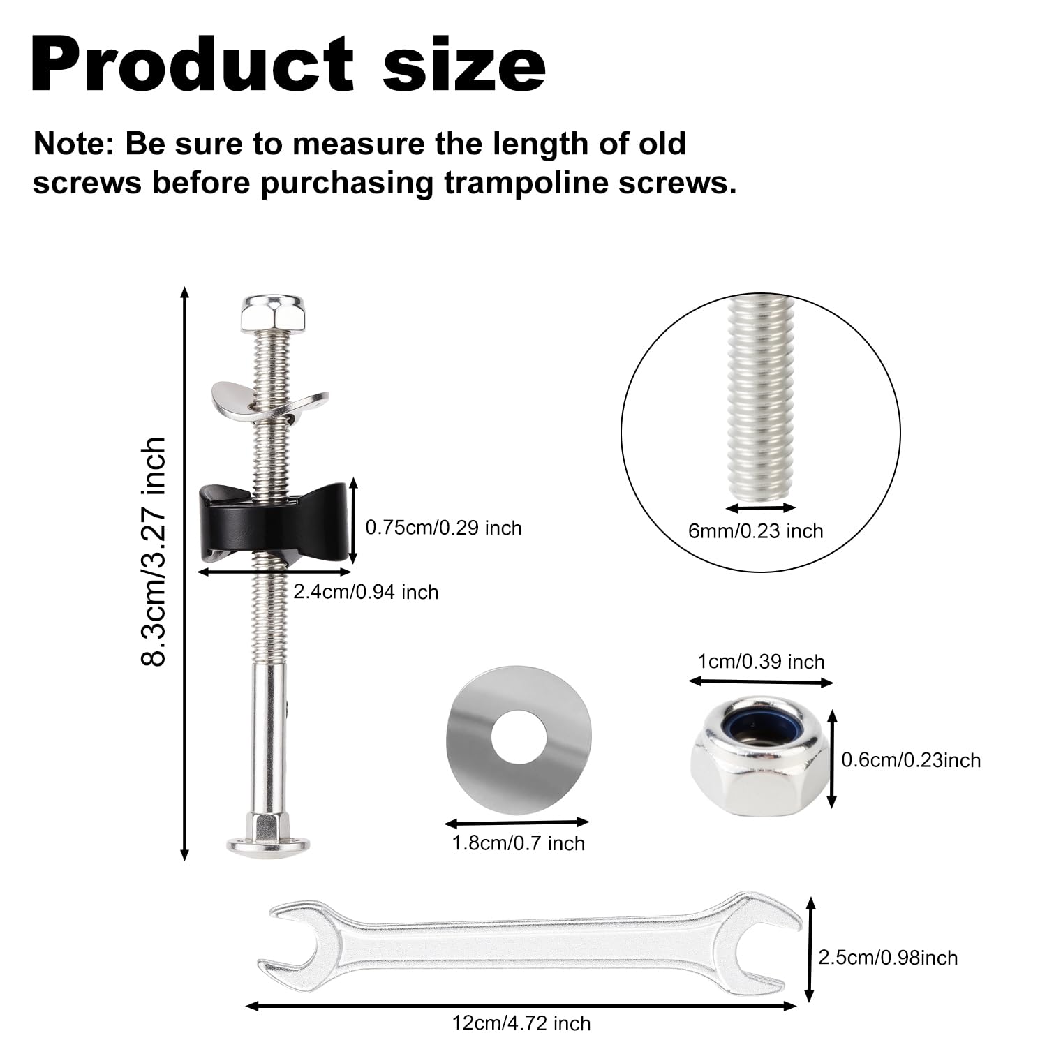12pcs Trampoline Screws, 3.27in Long Anti-Loose Bolts and Nuts Set Trampoline Anchor Stabilizers Accessories Replacement Parts for Stability, with Gap Spacers & Installation Tools