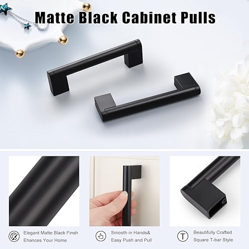 Miniatura 4 de KNOBWELL Juego de 20 pomos modernos de barra de centro a centro de color negro plano de 3-34 pulgadas, accesorios modernos para gabinete de cocina,