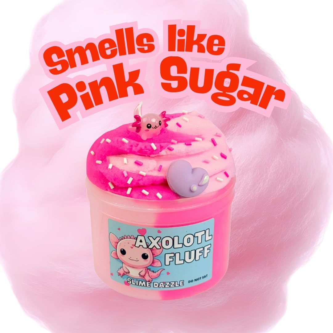 Axolotl Fluff Slime 8 FL OZ – Soft Pink Cloud Slime with Raspberry Sugar Scent – Includes Axolotl Charm – Beginner-Friendly Non-Sticky Sensory Toy