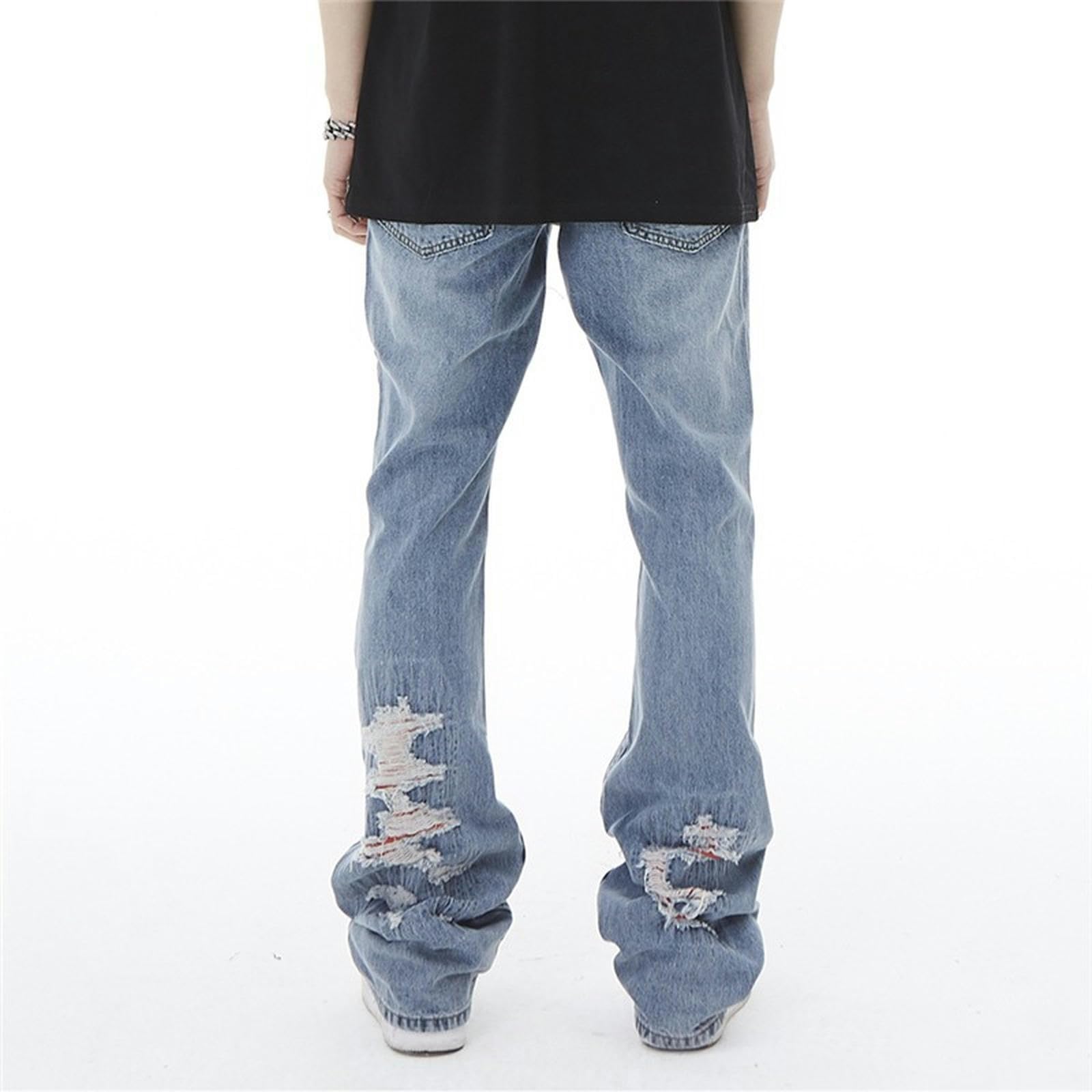 Jeans High Street Fake Hole da Uomo, Pantaloni Svasati con Bordo Grezzo - Blu - 3XL