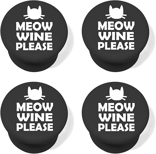 Tapón de silicona para botellas de vino y bebidas, juego de 4 divertidos Cat Meow Wine Please (negro)