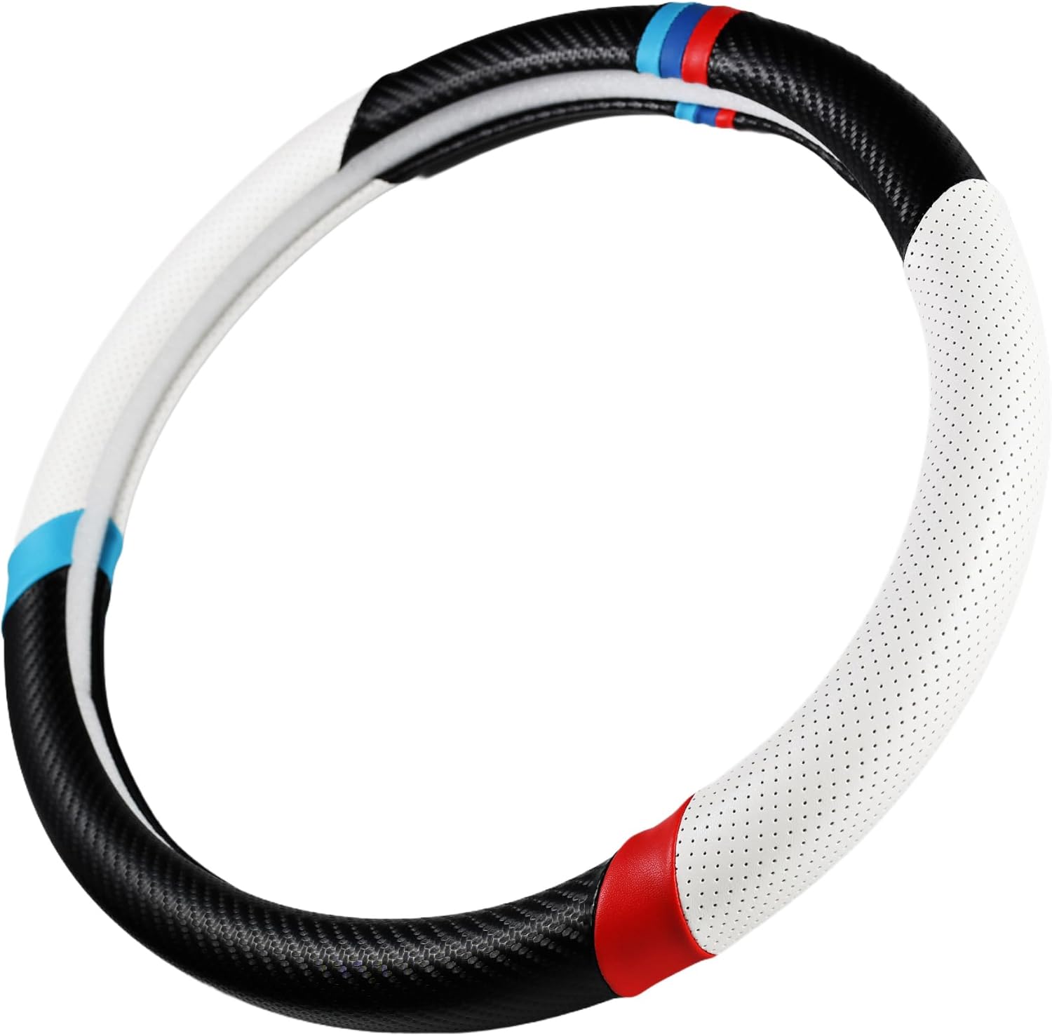 Carbon Fiber + Sporty Perforated Leather Steering Wheel Cover with Sporty Stripes, Non-Slip and Sweat Absorbent for 15 inches Car SUVs Pickup
