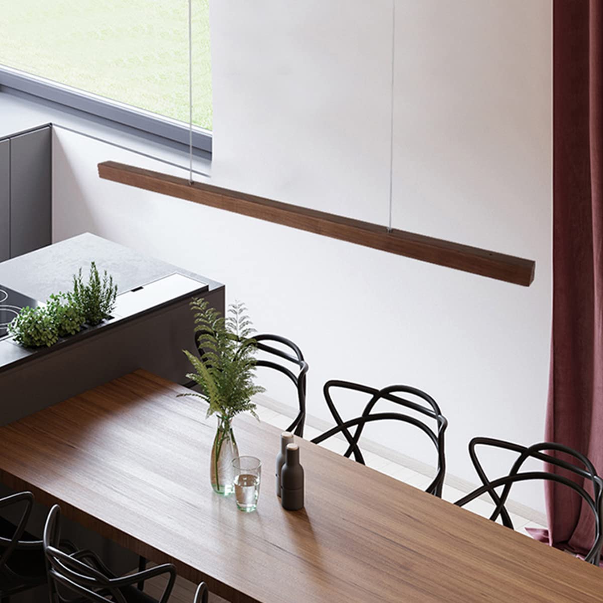 Bellastein LED Holz Pendelleuchte Moderne Dimmbare Linear Design Hängeleuchte mit Fernbedienung Esstisch Hängelampe Höhenverstellbar Esszimmer Büro Wohnzimmer Kronleuchter (Farbe Walnuss, L100cm)