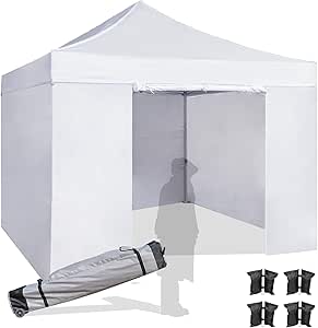 10x10 Pop Up Canopy Tent with Sidewalls, Heavy Duty Steel Frame, Waterproof 3000mm, Silver Coated Fabric, Wheeled Bag, Sandbags, Stakes & Ropes, White