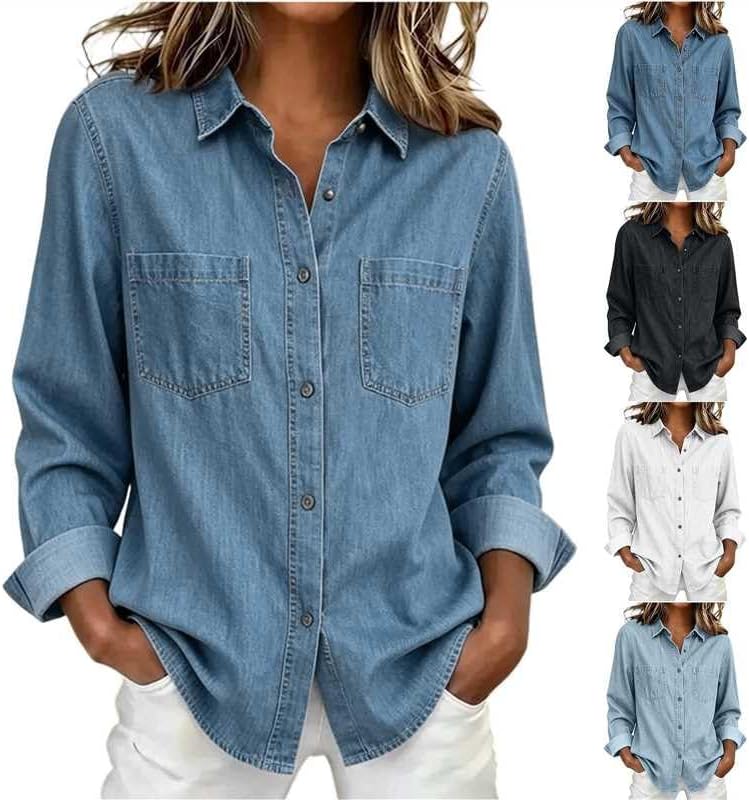 Women Trendy Denim Top Long Sleeve Button Down Loose Soft Chambray Shirt | Jean Western Shirts with Chest Pockets Denim Blouses for Women Dressy Casual Roll Up Sleeve Business Casual Tops for Women