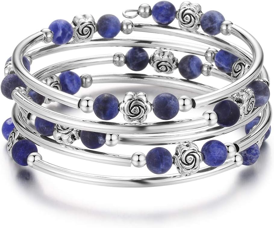 BULINLIN Wrap Bangle Rose Bead Bracelet - Beaded Bracelet with Natural Agate Stone Gifts For Women