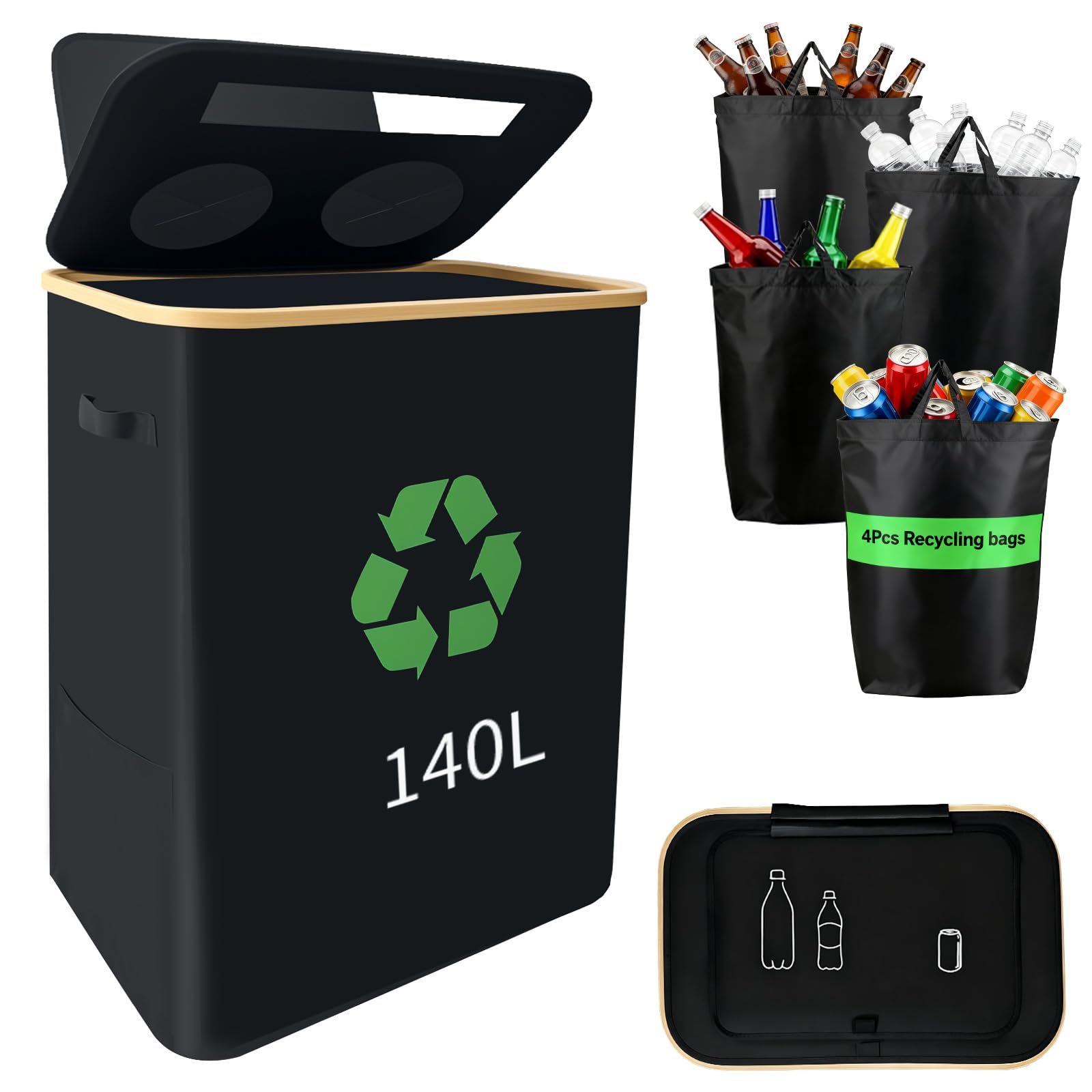 lompyeu 140L Pfandflaschen Sammelbehälter 2 Fächer, Pfandflaschen Behälter [inkl. 4 XXL Tragetasche], Leergut & Altglas Aufbewahrung mit Loch, Flaschensammler leergut für Küche & Abstellraum