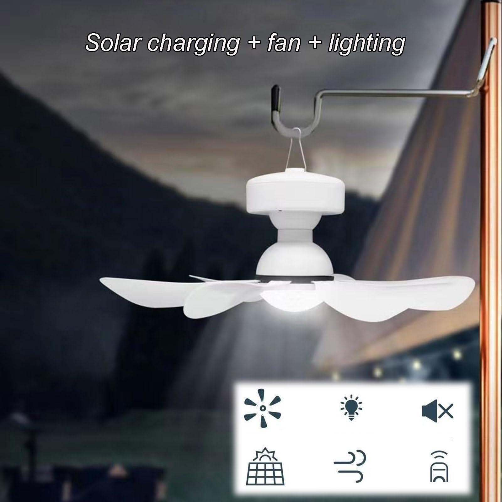 Ventilatore Solare Light per Campeggio All'aperto Ventilatore da Soffitto Staccabile con Telecomando Luce Regolabile a Tre Velocità Ventilatore + Luce a Doppio Uso Utilizzabile per Illuminazione Nottu