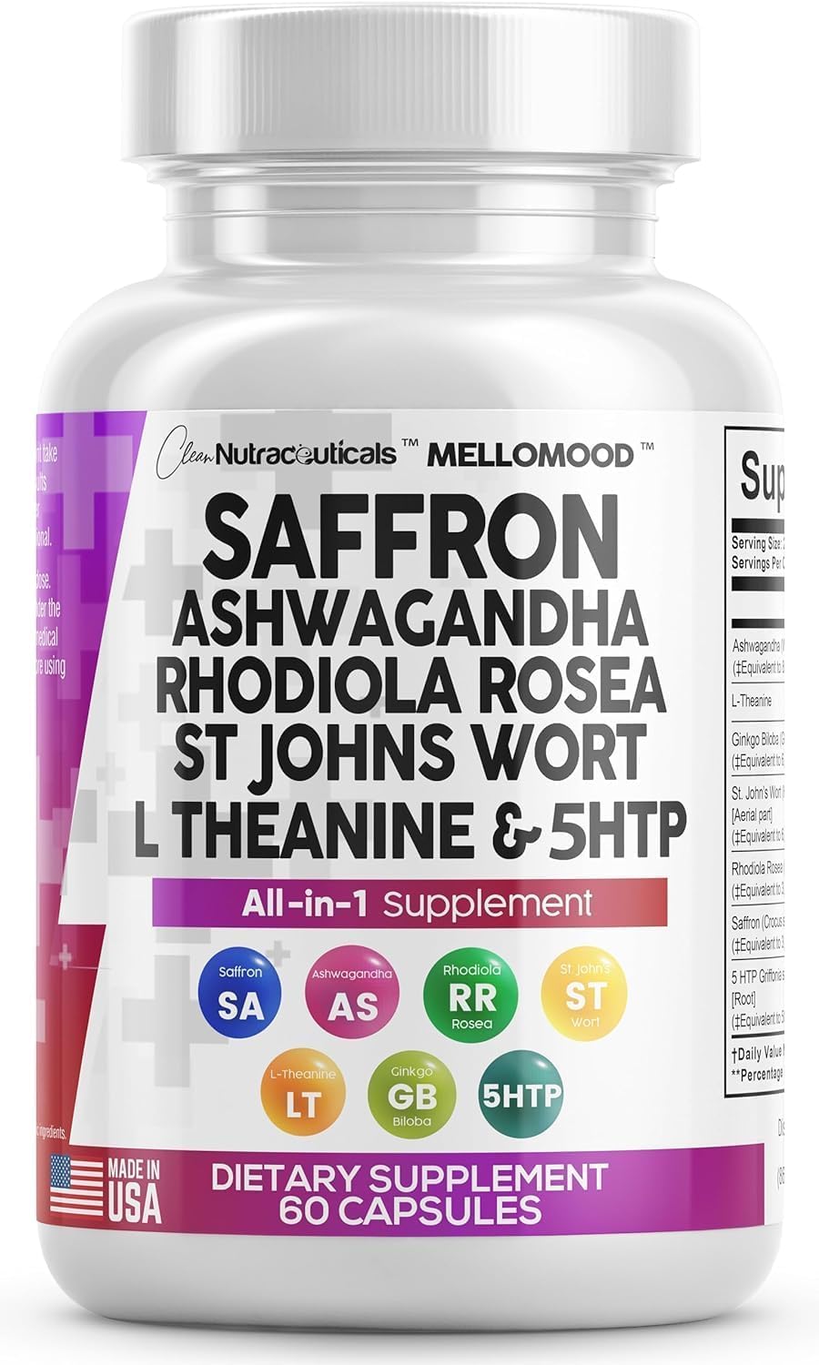 Athinika Nutrition Clean Saffron Supplements with Ashwagandha 8000mg - Mood Support with L-Theanine 200mg, Ginkgo Biloba 6000mg, St. John's Wort 6000mg, Rhodiola Rosea