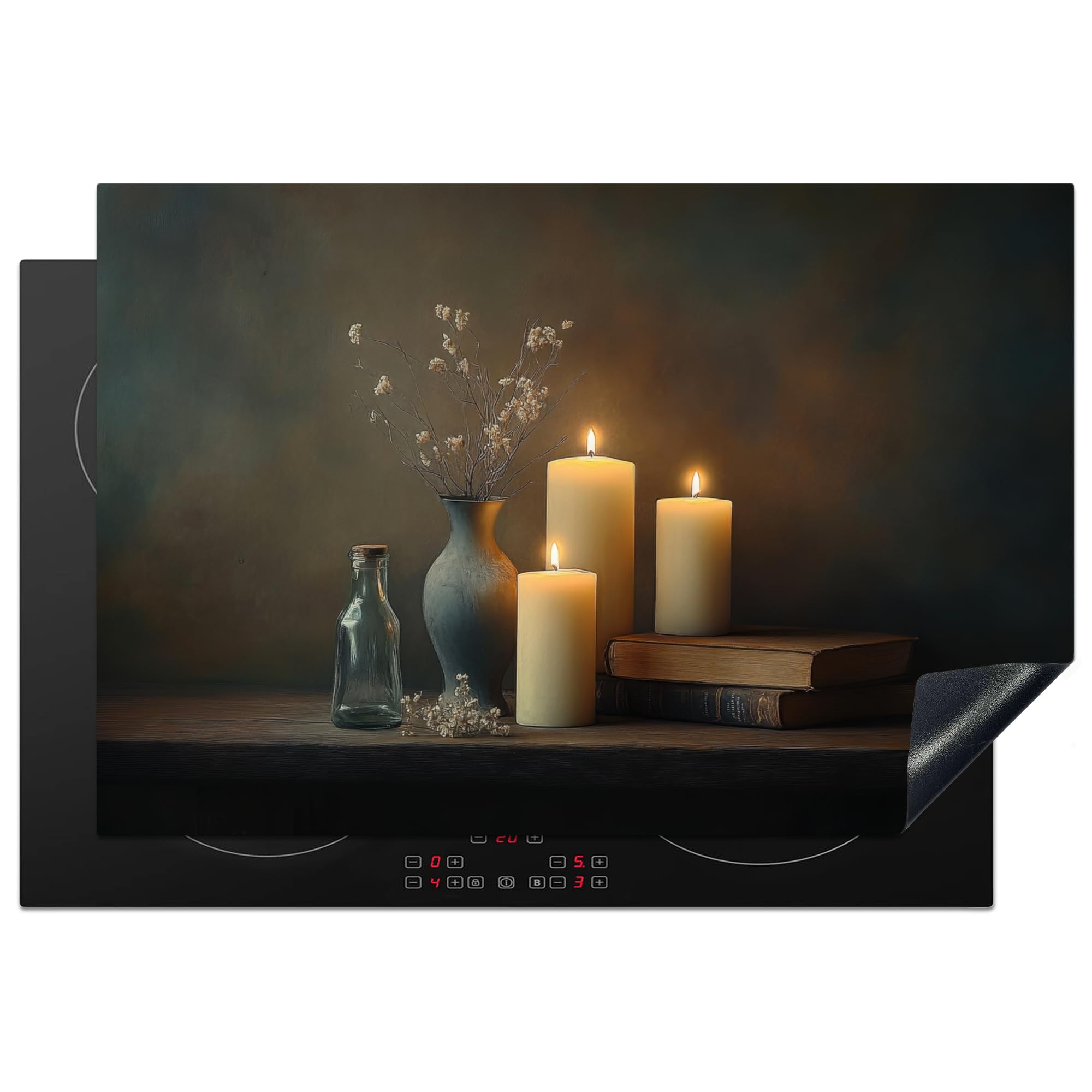 KitchenYeah© Induction Hob Protector Mat 20.5"x30.7" / 78x52 cm Stove Cap Top Cover Kitchen Cooker Covers for Electric Hobs Vinyl Candles - Still Life - Rustic - Books