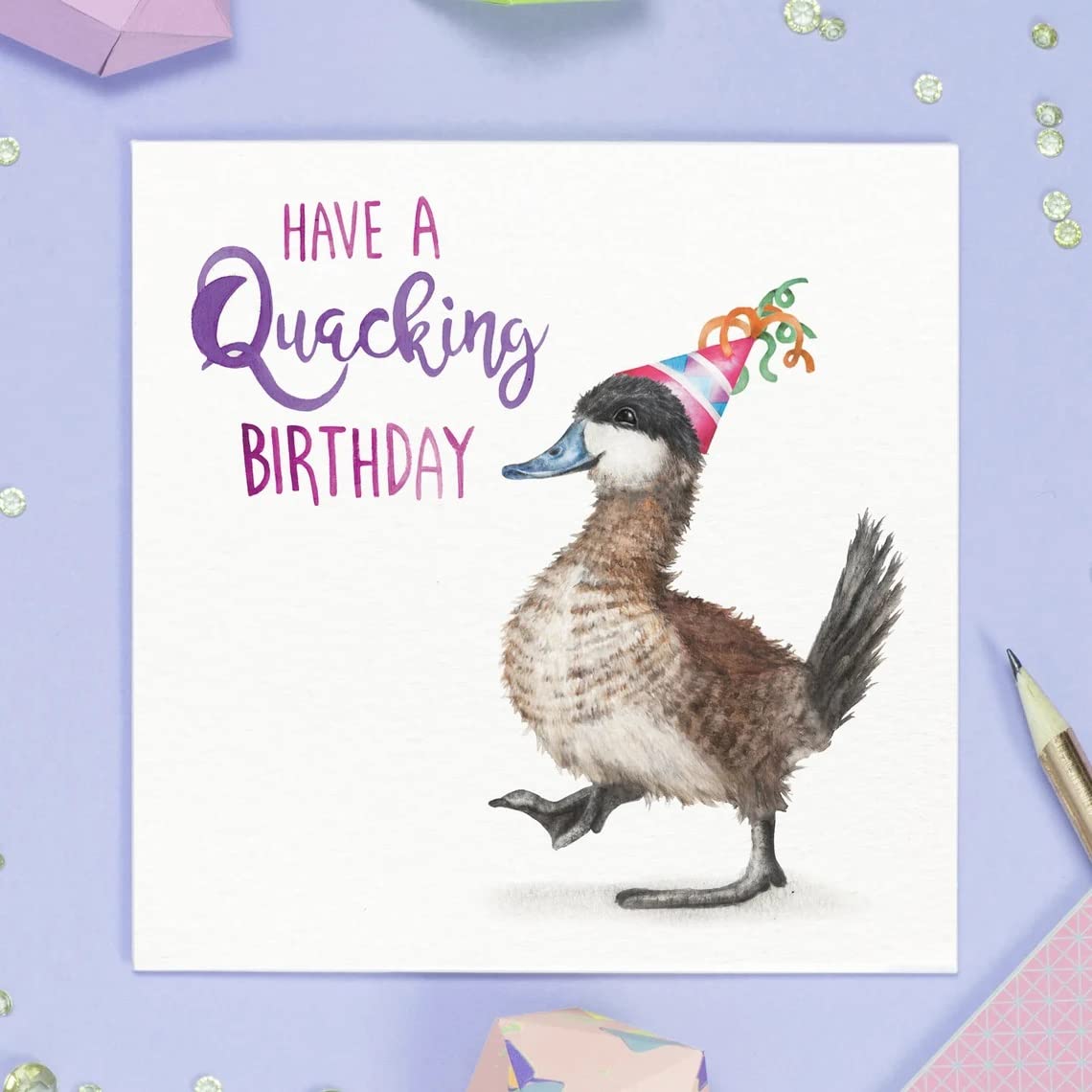 Greeting Card White Funny Duck In Hat Quacking Birthday Card – Hand Painted And Printed In The Uk