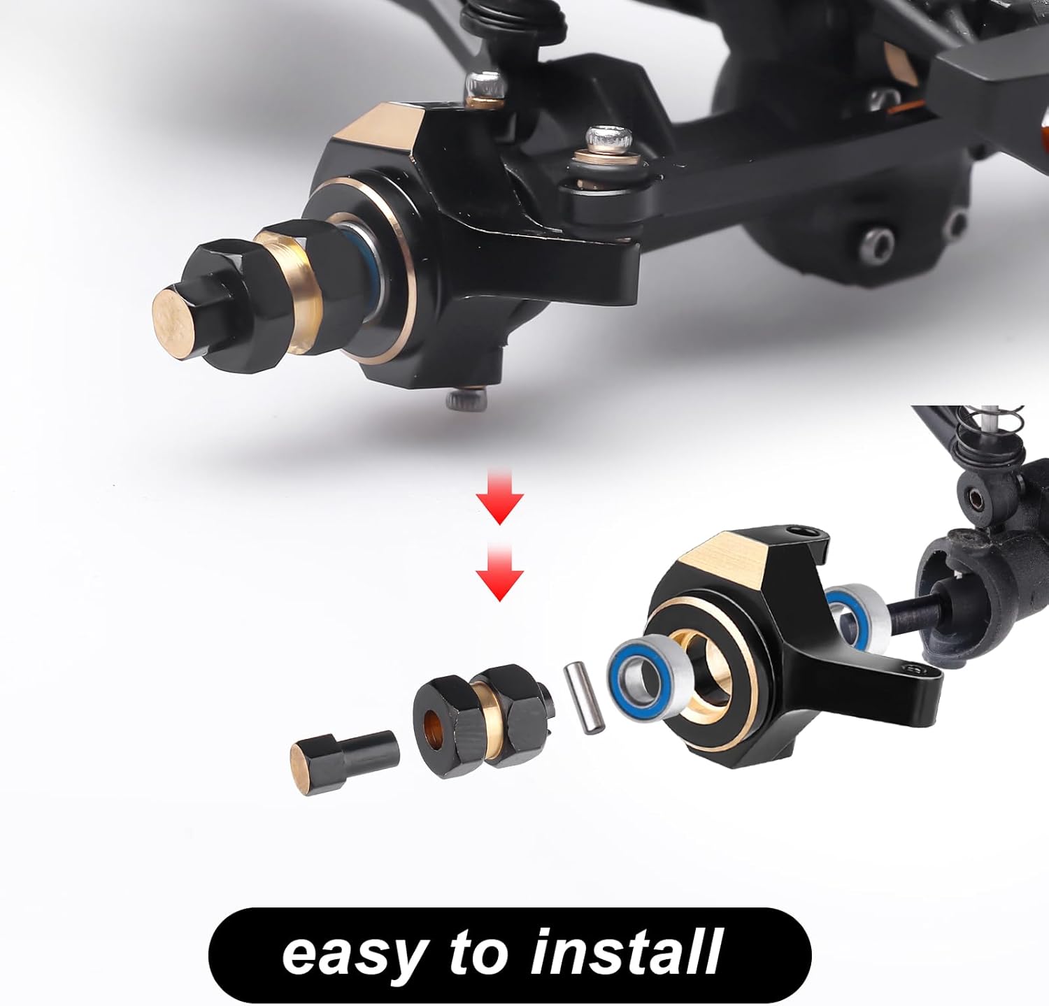 Hobbypark Brass Steering Knuckles Carriers and Brass Extended 7mm Wheel Hex Hubs Adapters for Axial SCX24 Upgrades Parts 1/24 RC Crawler Car (Black-Gold)