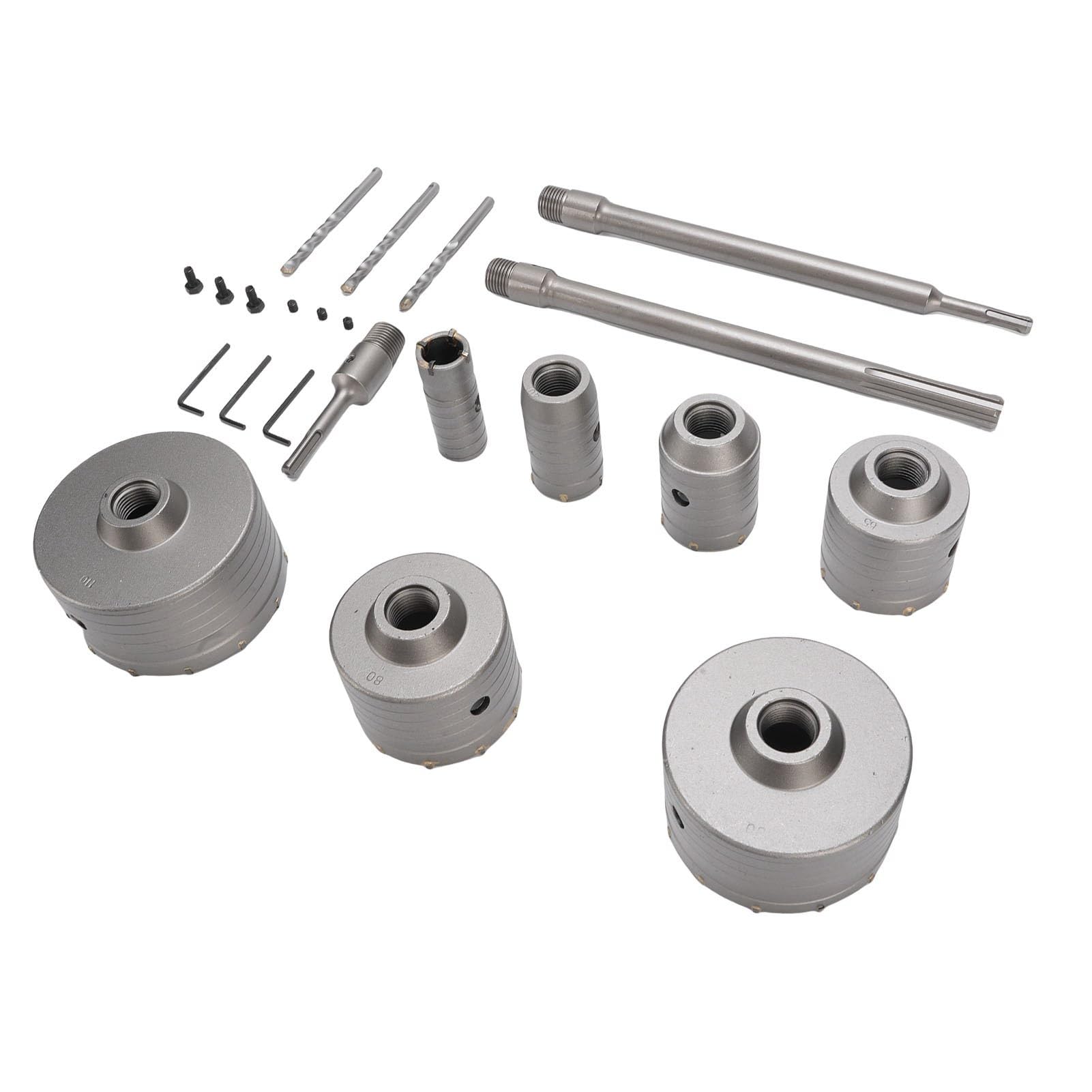 Bewinner Kit de Sierra Perforadora para Hormigón, 7 Piezas, 30-110 Mm, Cortador de Agujeros de Carburo de Acero de Tungsteno para Cemento de Pared de Ladrillo, con 3 Bielas para Perforación con