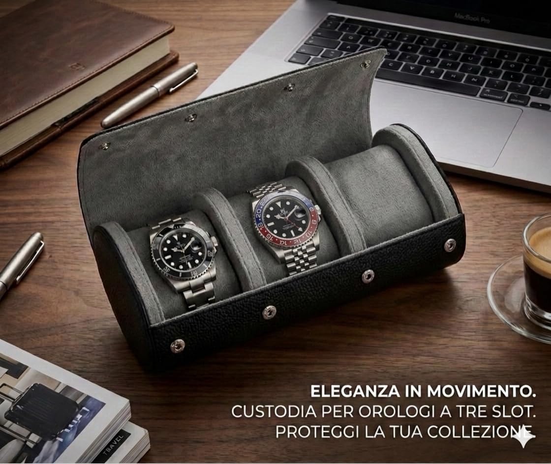 Generico Custodia Elegante Porta Orologi da Viaggio, 3 Slot, Pelle Nera, Interno in Velluto Grigio, Anti Shock e Anti Graffio
