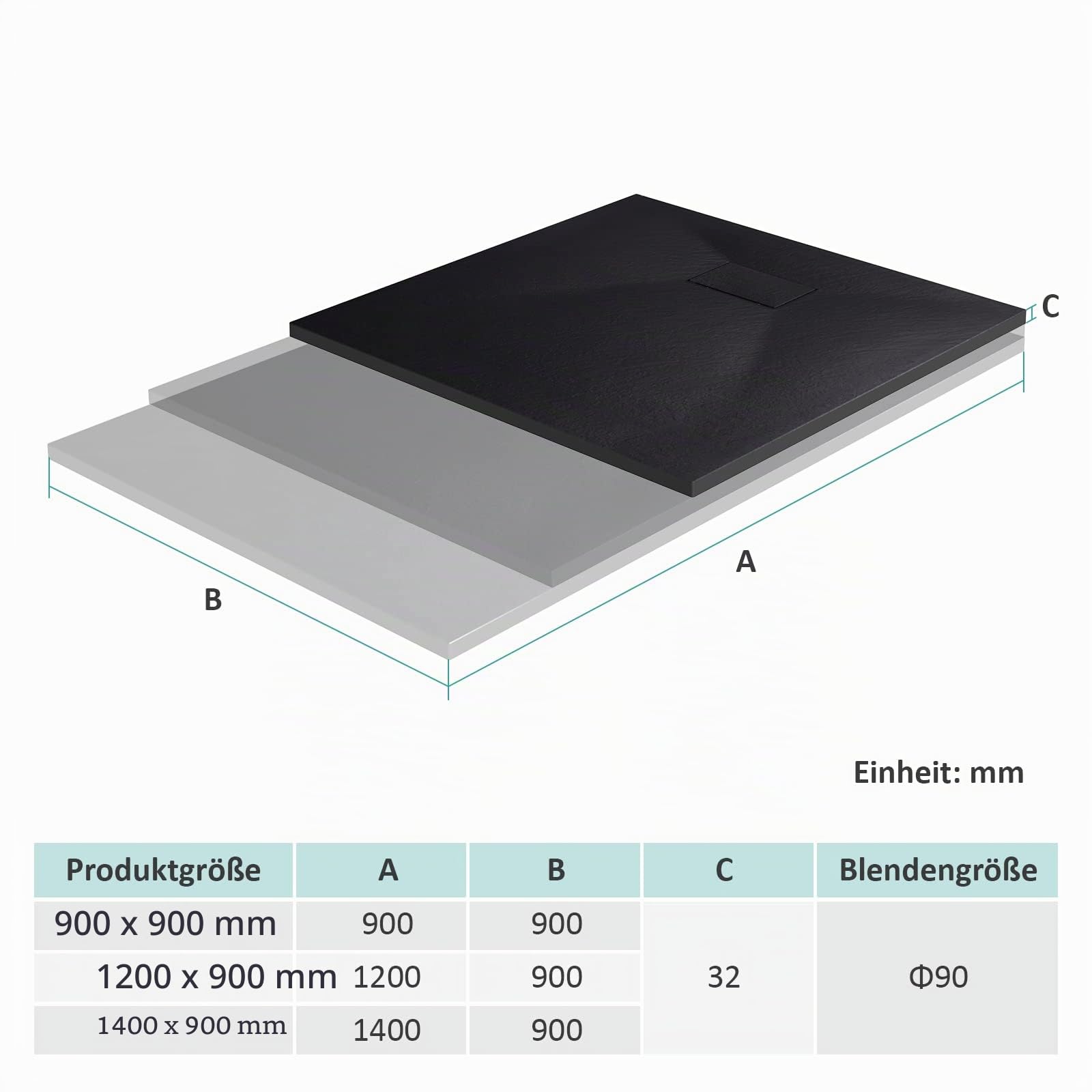 EMKE Duschwanne mit Siphon 90x90 cm Flach Duschtasse Anti-Rutsch SMC Zuschneidbar Brausewanne Steinoptik mit Ø 90mm Ablaufgarnitur -Schwarz