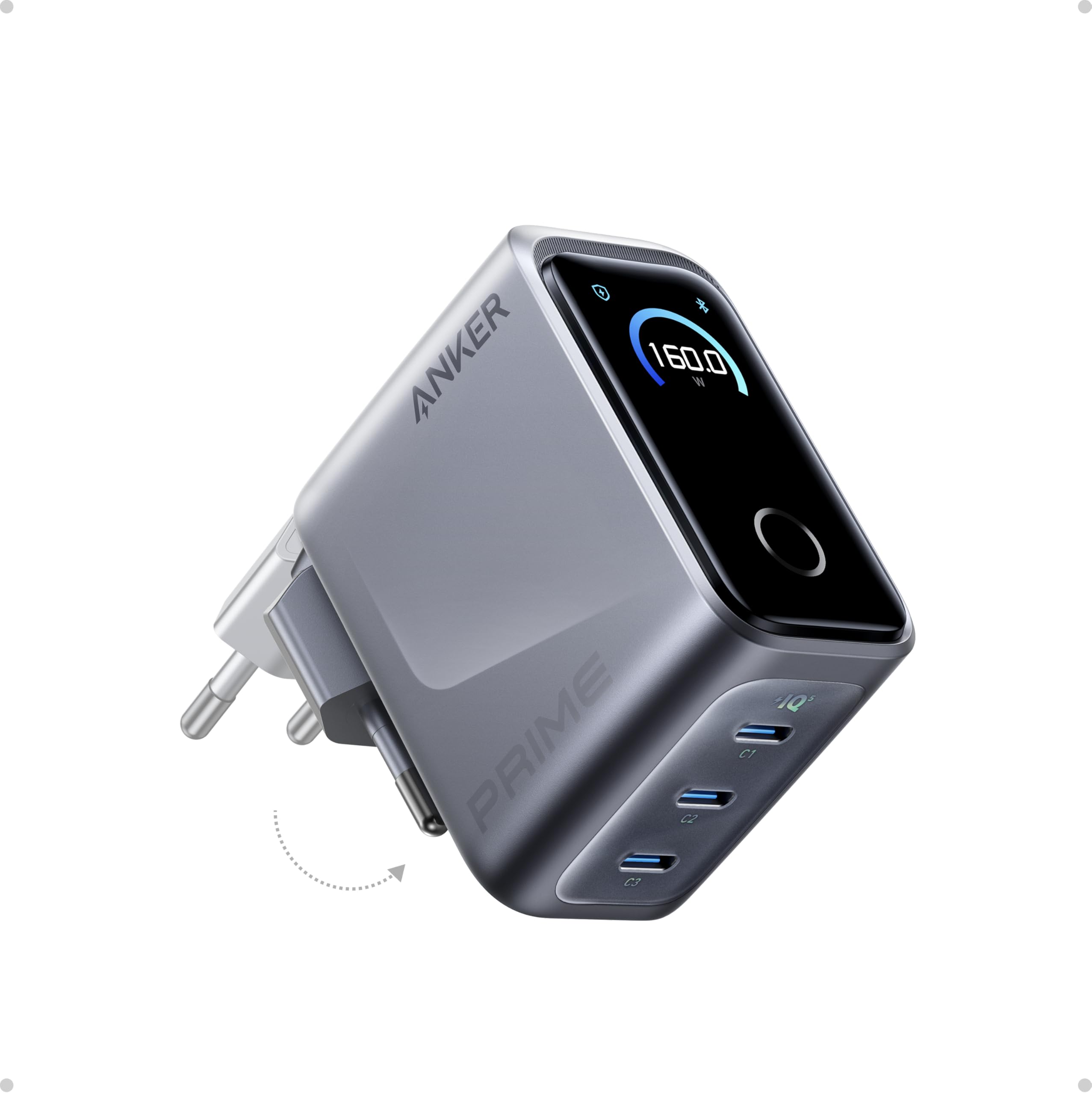 Anker Prime Cargador USB C Carga Rapida GAN de 160 W y 3 Puertos, Pantalla Inteligente, táctil, Carga ultrarrápida de 140 W en Cualquier Puerto para portátiles, MacBook, iPad, iPhone 17/16/15 y más.