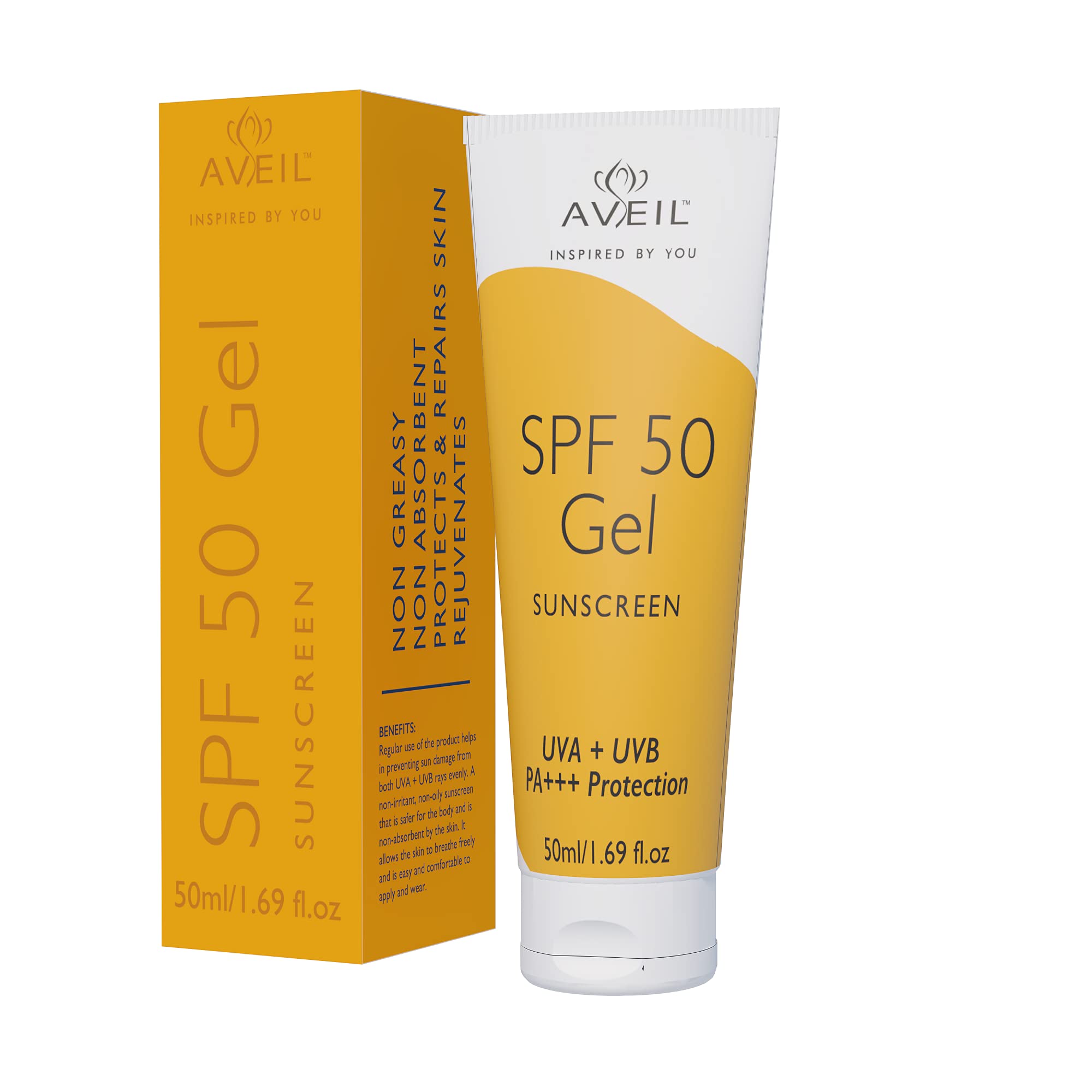 AVEILGel Sunscreen SPF 50 | Non-Greasy, Non-Absorbent & No White Cast | For All Skin Types | UVA, UVB, UV & Infrared Rays Protection | Skin Rejuvenating | Repairs from Photo-Ageing | Pack of 1-50ml