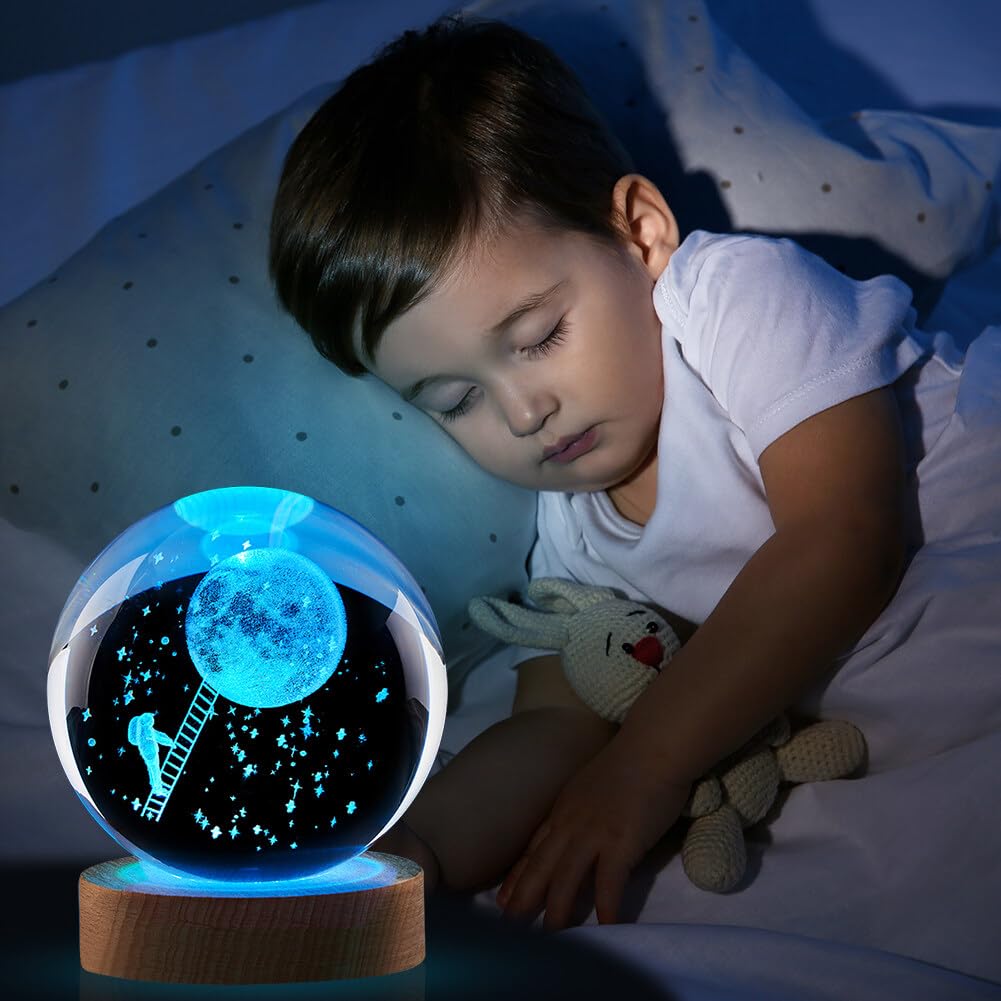 ISAKEN Sfera Di Cristallo 3D Con Incisione Delfino Rosa Alce Balena Luna - Lampada Da Notte LED Con Base In Legno, USB, 6cm