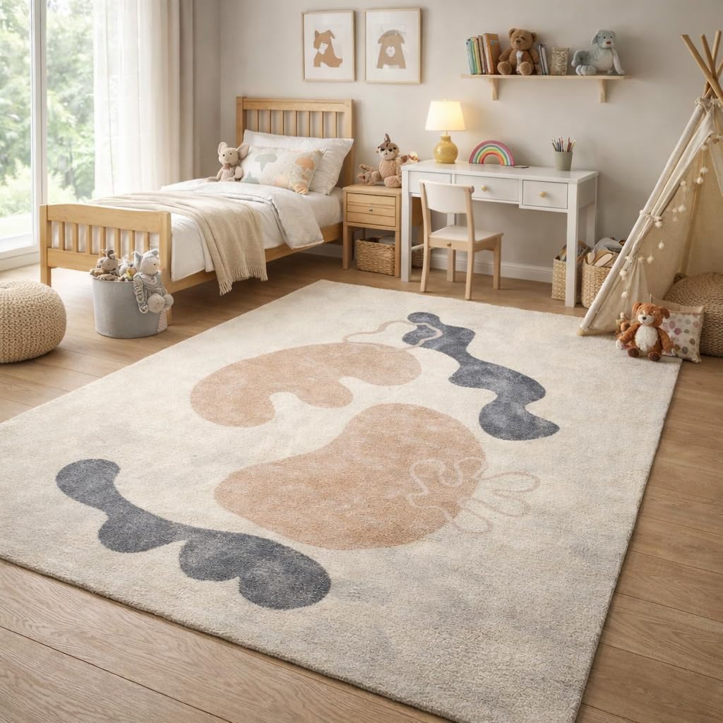 Wool Abstract Area Rug, Ivory Beige Charcoal Modern Hand Tufted Rug for Living Room, Bedroom & Home Décor 7x10, 6x9, 8x10, 9x12 Sizes