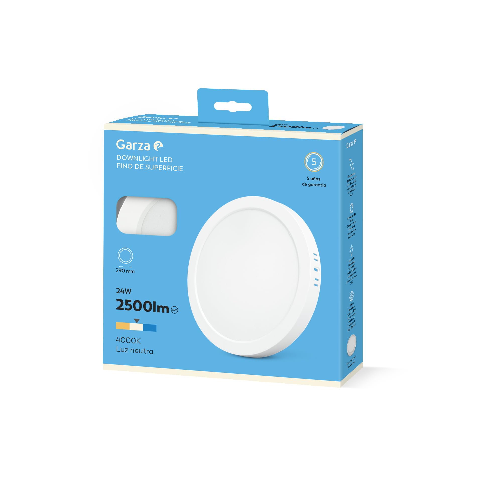 Garza - Downlight LED Surface, Circular, Ceiling Light, 29.5 cm, 24W, 4000K Neutral Light, 2500lm, 30,000h, IP20, White, Energy Saving 80%