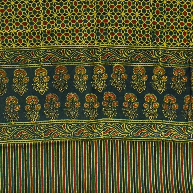 Image of Ethnics of Kutch Womens Ajrakh Modal Silk Natural Dye Golden Border Hand Block Print Saree with Blouse Piece - 5.5 Mtr Length