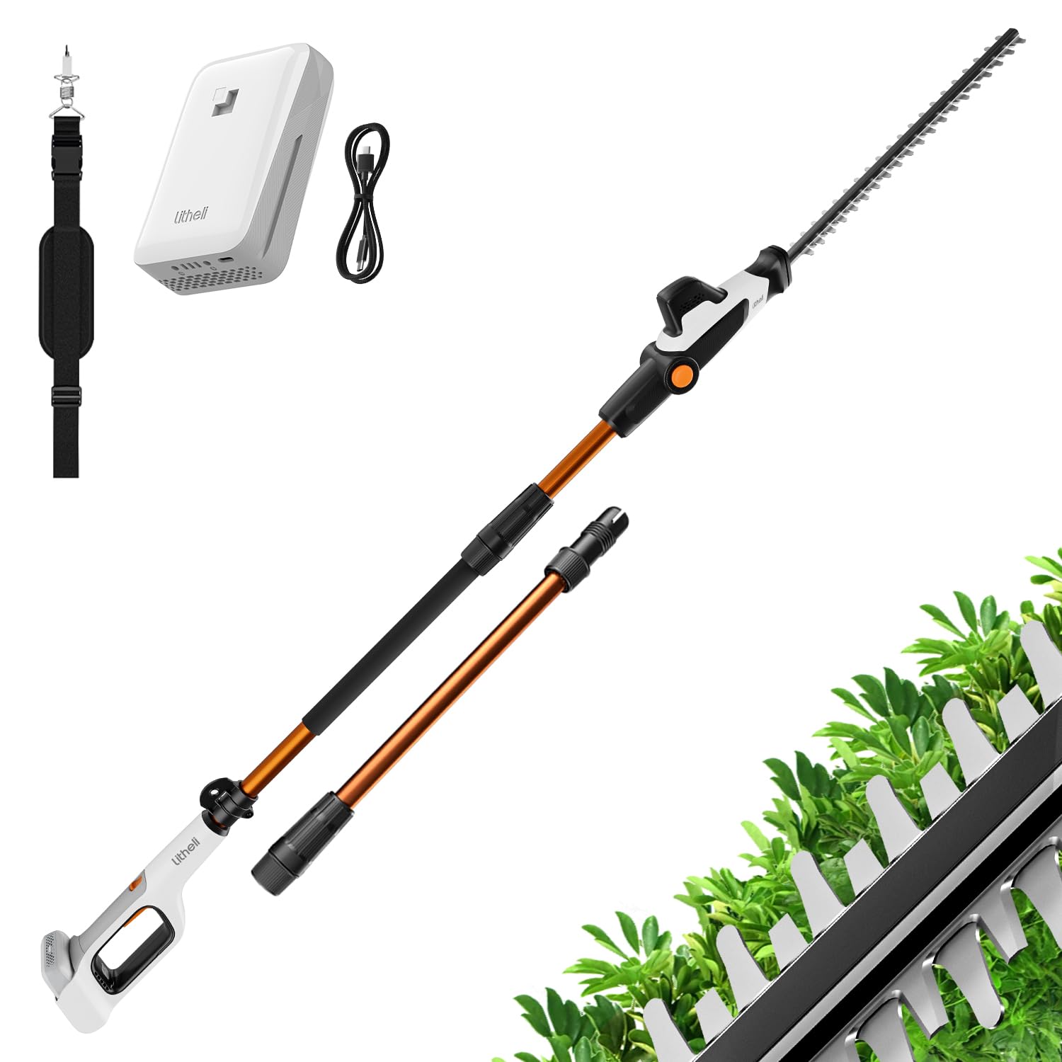 Litheli Tagliasiepi telescopico a batteria 20 V con asta fissa, manico regolabile in 6 posizioni fino a 3,4 m, lama doppia 42 cm, batteria 10000 mAh, leggero ed ergonomico