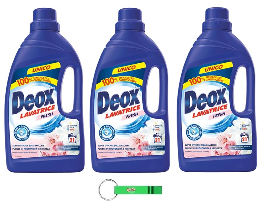 Deox Lavatrice Fresh Blu - Detergente líquido para lavadora (21 lavados, 1050 ml, incluye llavero Beni Culinari gratuito), 3 unidades