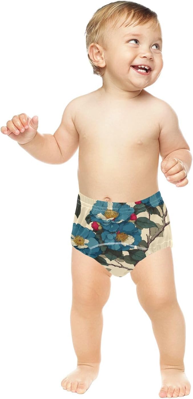 Baby Toilet Training Pants Soft Cotton Ukiyo-e-style Japanese Camellia Cyan Blue Nighttime Potty Training Pants