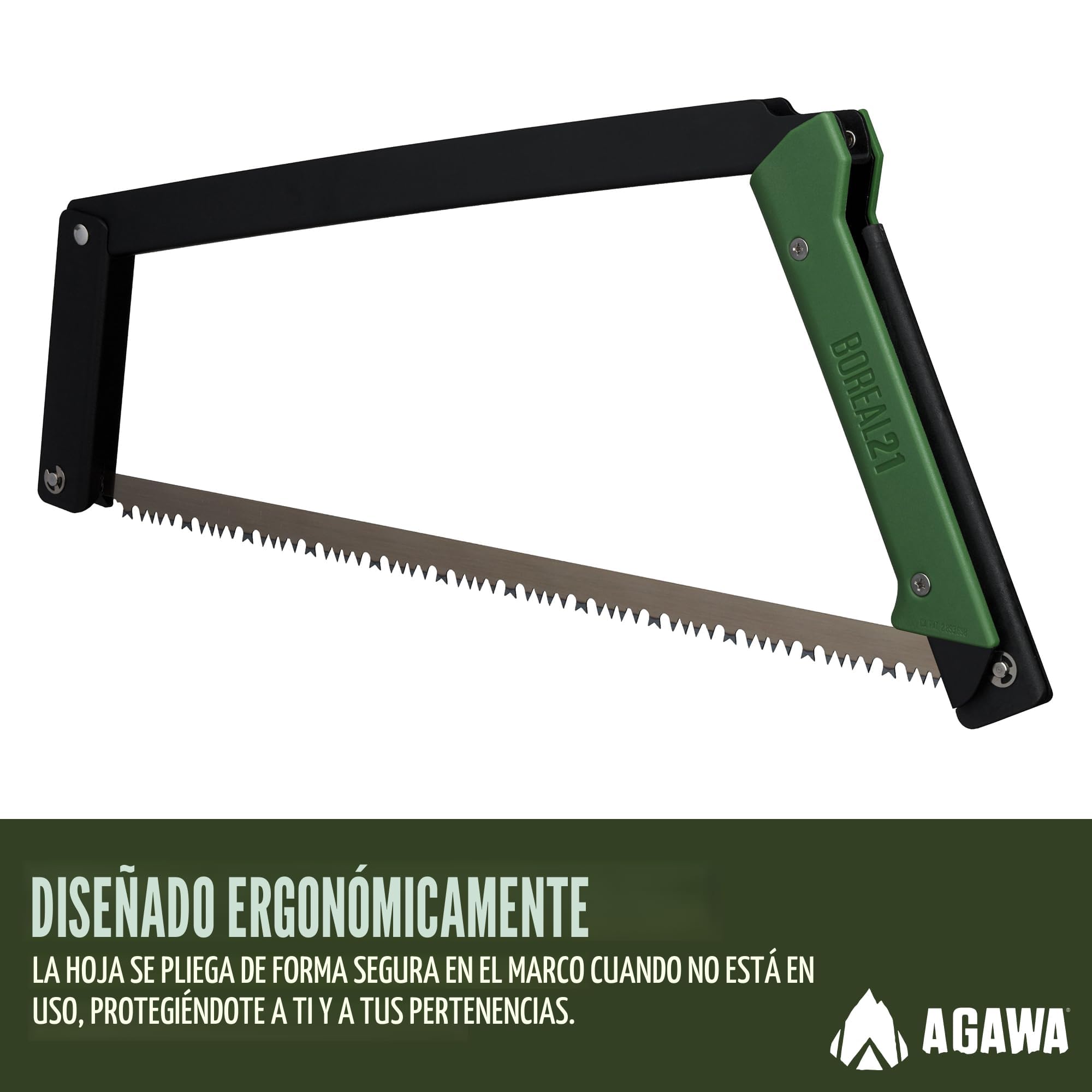 Agawa Canyon BOREAL21- Sierra de arco plegable de 21 pulgadas, marco negro, mango verde, hoja multiuso de 21 pulgadas