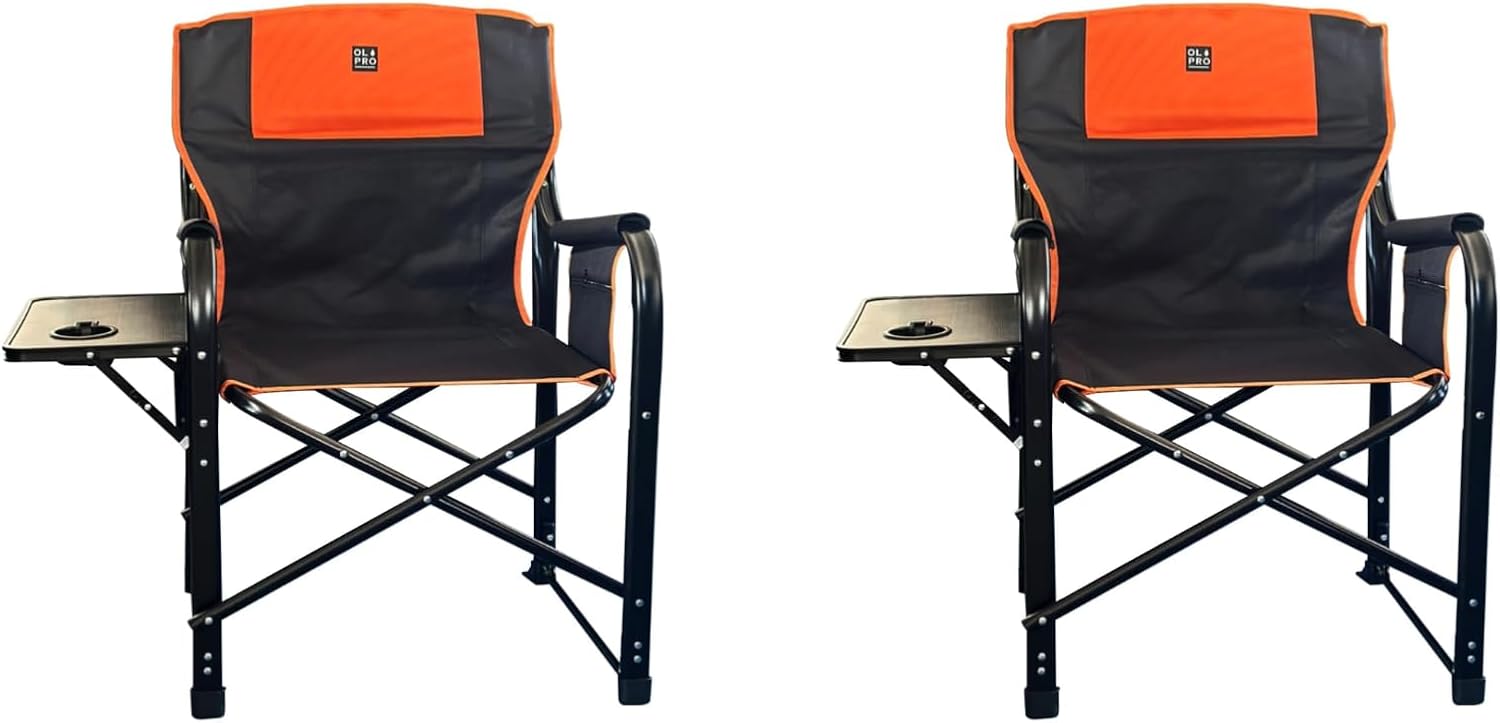 OLPRO Outdoor Leisure Products Directors Chair Campingstuhl Orange & Schwarz Set mit 2 faltbaren Campingst hlen f r Erwachsene mit Getr nkehalter klappbarem Beistelltisch und