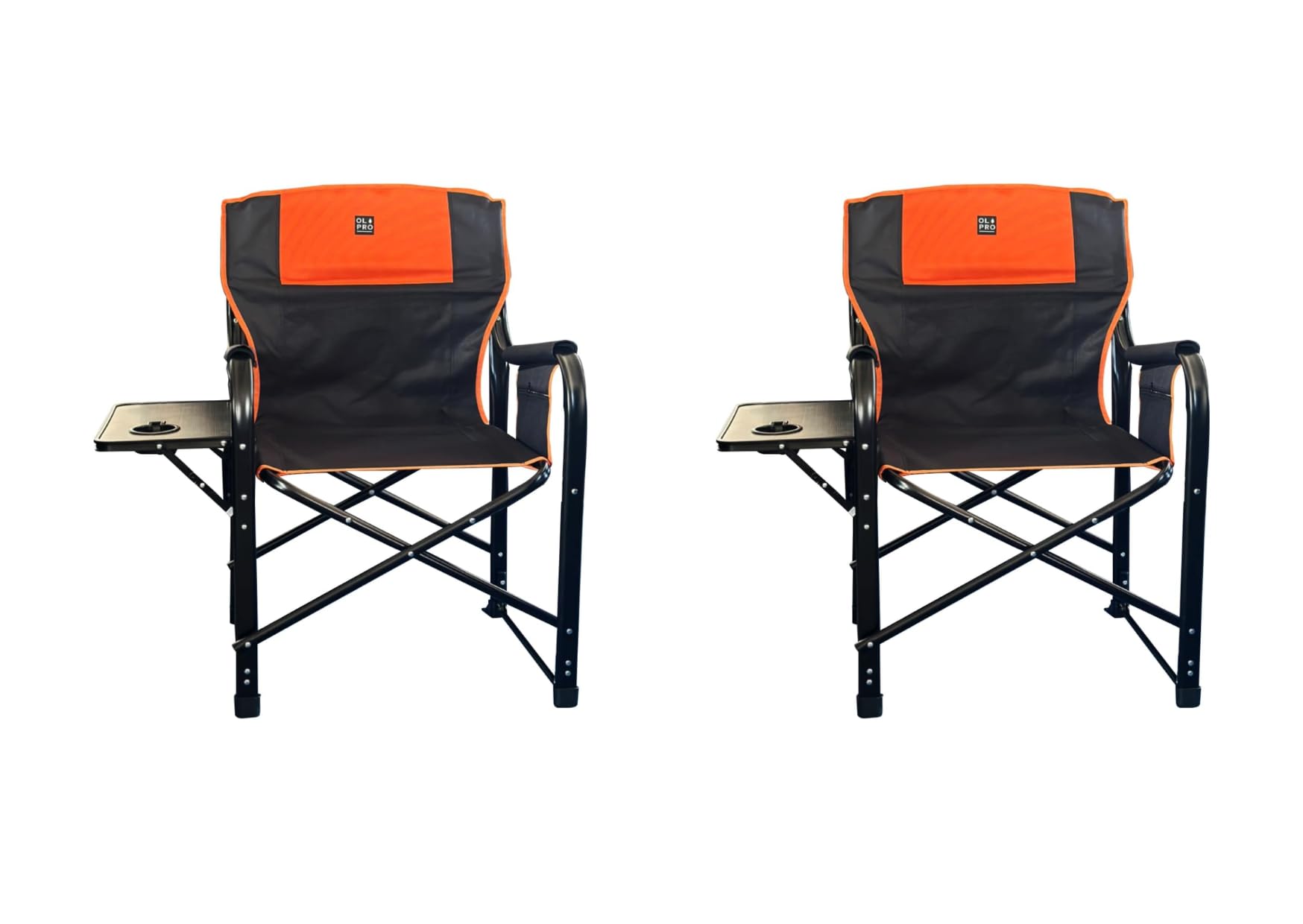OLPRO Outdoor Leisure Products Set di 2 sedie da regista, arancioni e nere, pieghevoli, per adulti, con portabicchieri, tavolino pieghevole e organizer in velcro